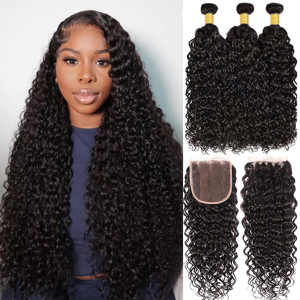 Brazilian Water Wave 3 Bundles and Closure Free Part Wet and Wavy Bundles with 4x4 Lace Closure Human Hair Unprocessed Water Wave Human Hair Natural Color (22 24 26+20)