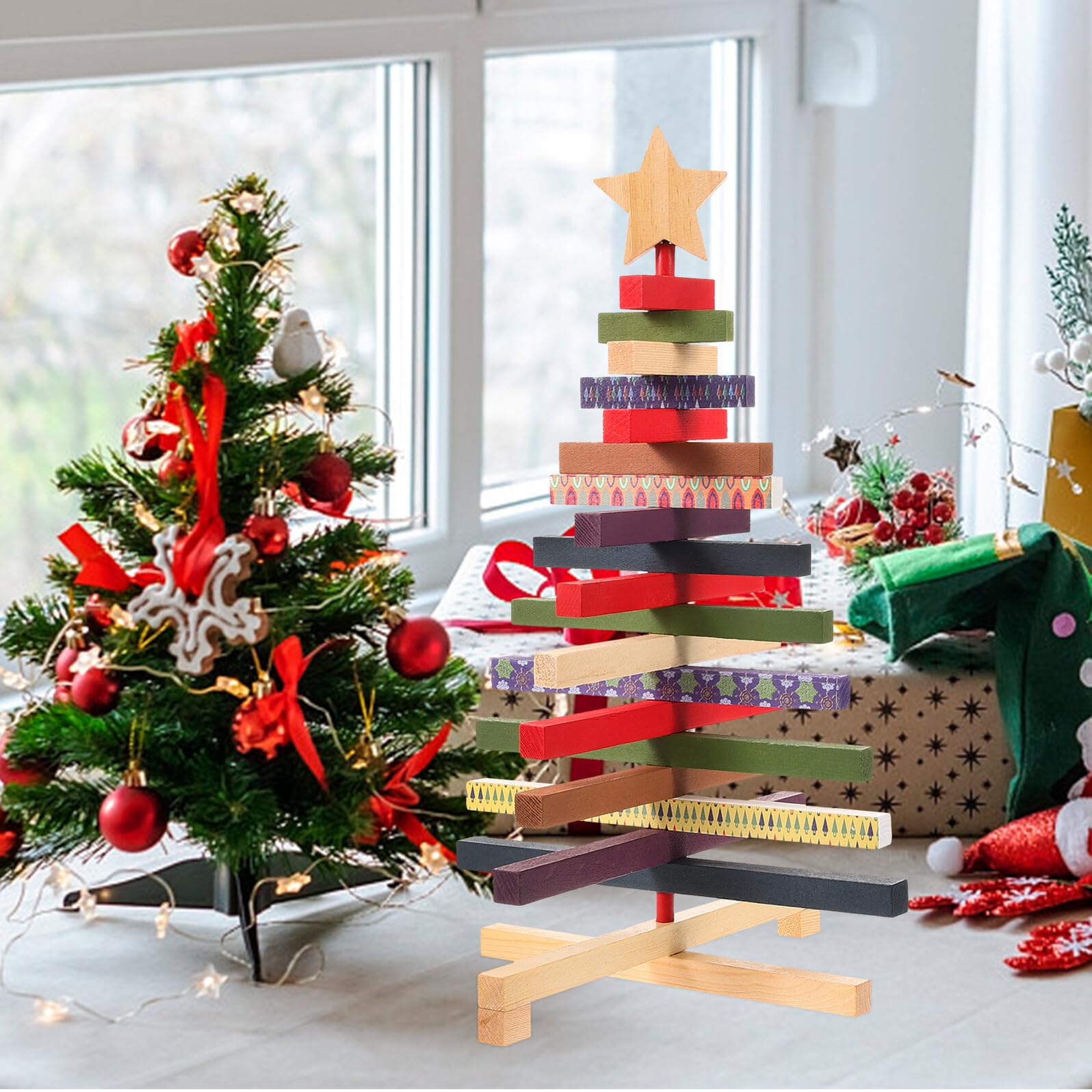 ULTECHNOVO Árbol de Navidad de Madera Giratorio Grande para Escritorio, Adorno Decorativo Navideño Artesanal, Decoración Navideña de Madera para Hogar y Oficina