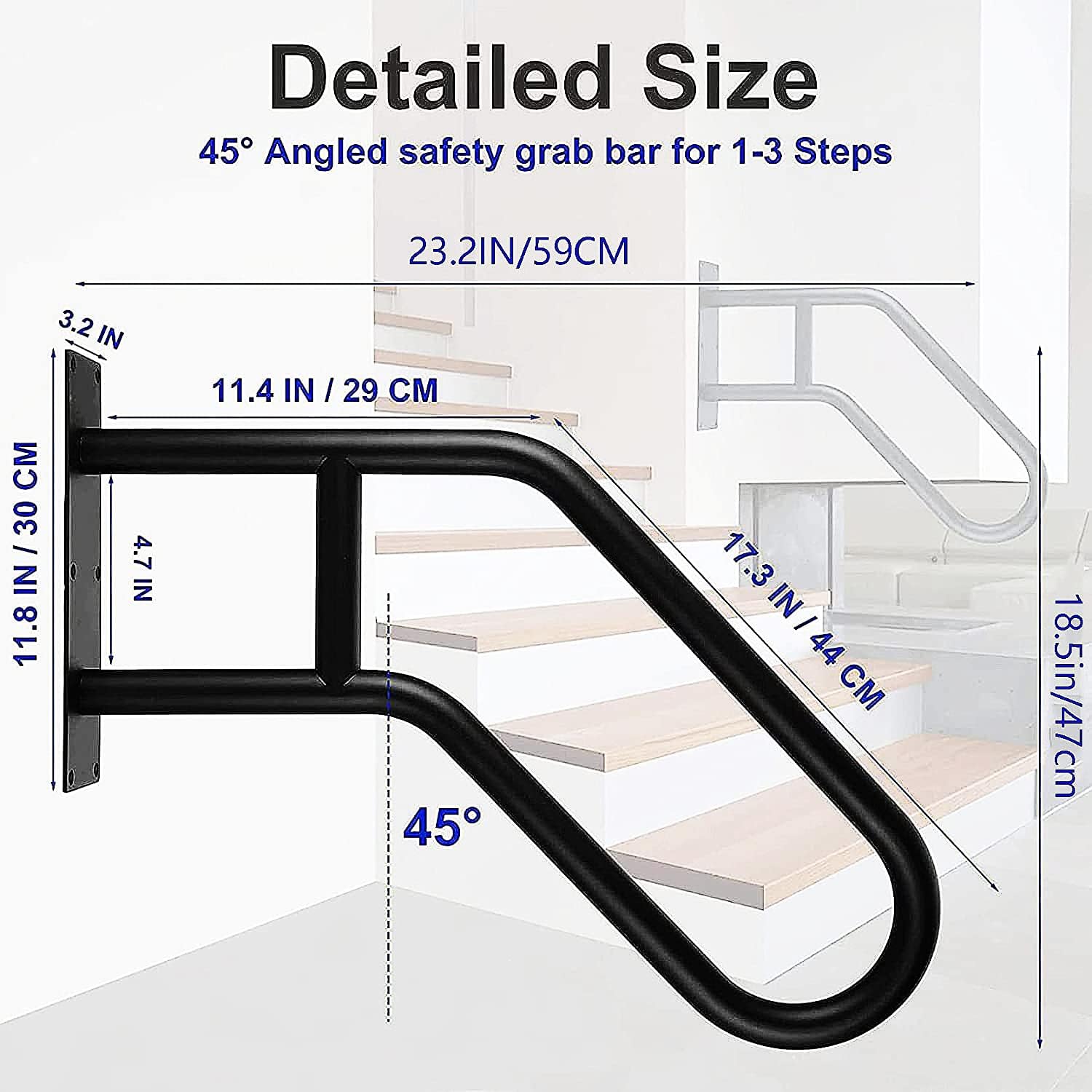 2Pcs U-Shaped Wall Mount Stair Handrail Iron Outdoor Grab Bar, Black Hand Railings Support Rod for Elderly, Banister Deck Rail Staircase Handrail