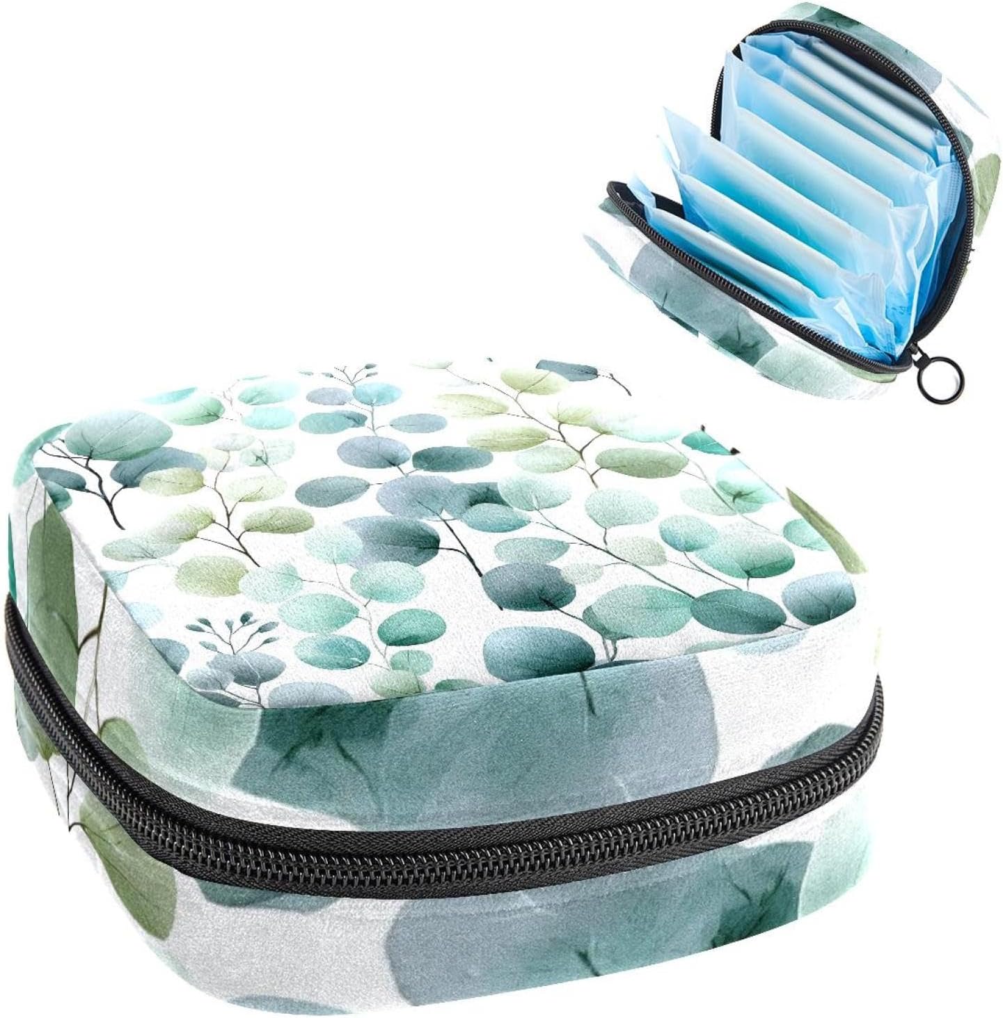 Green Gray Sage Eucalyptus with Leaves and Plants Sanitary Napkin Storage Bag, Menstrual Cup Pouch Feminine Menstruation Period Pads Bag Tampons Holder for Girls Women Ladies