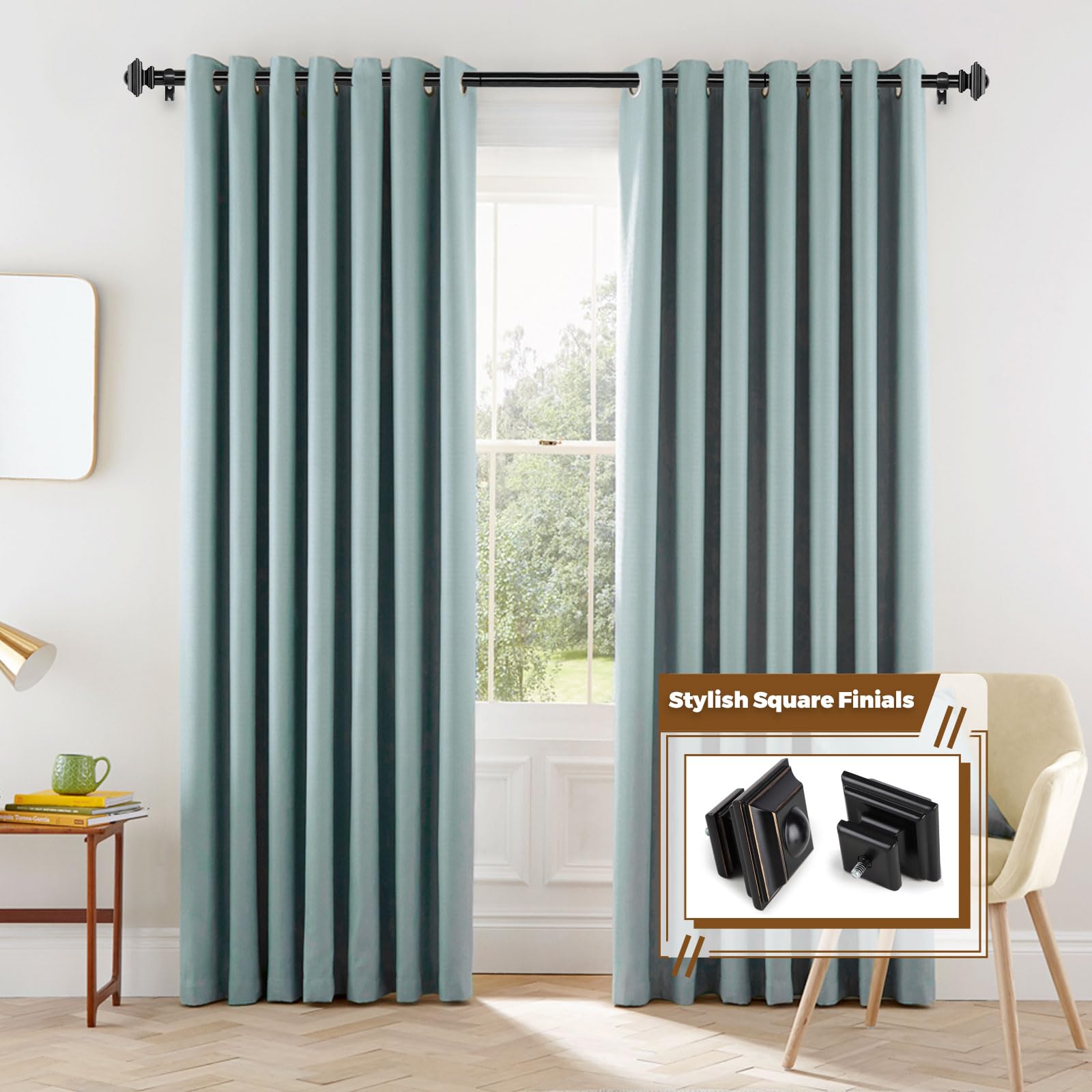 KAMANINA Antique Silver Curtain Rod – Adjustable 32 To 58 Inches, Heavy-Duty 1 Inch Diameter With Vintage Square Finials