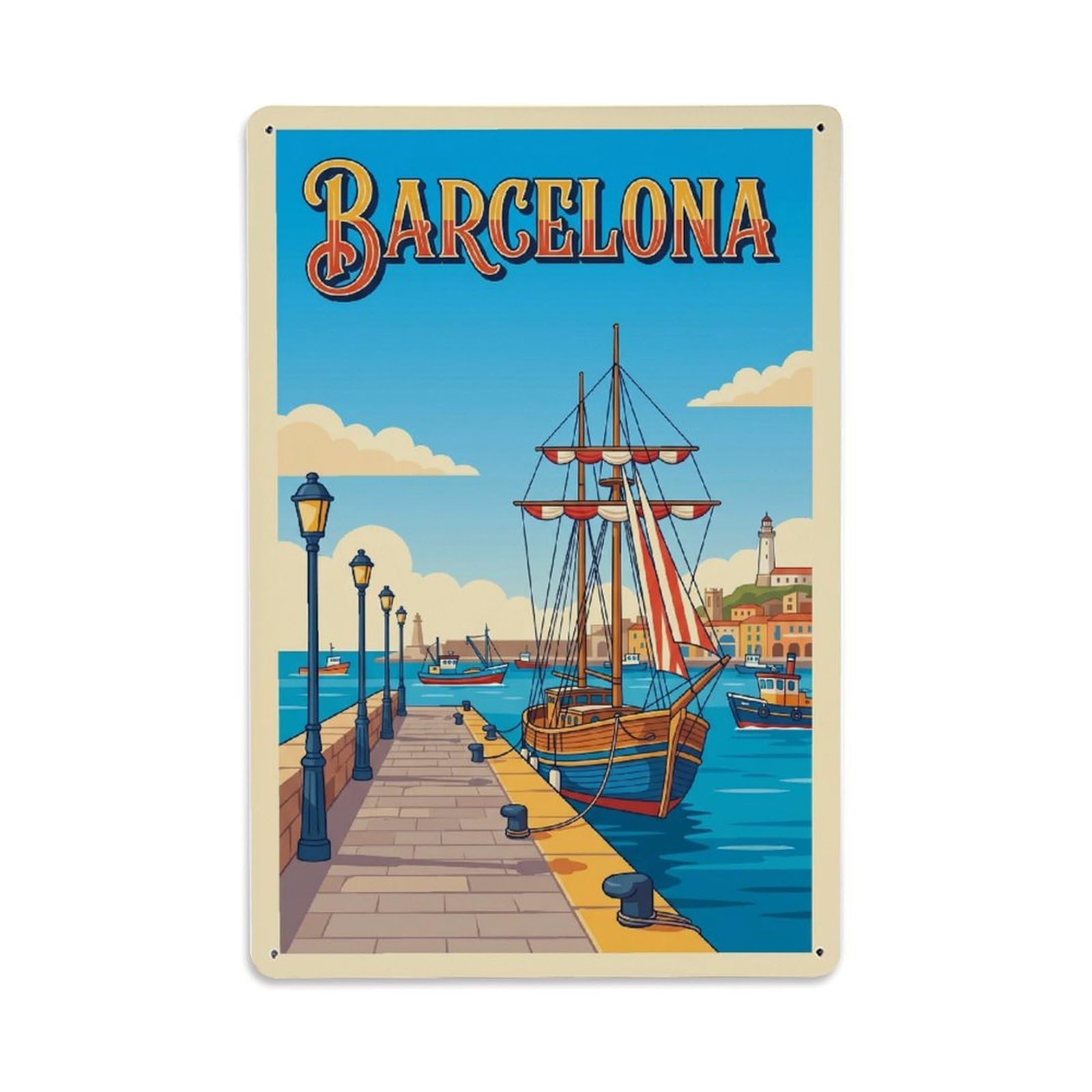 Vintage Travel Jetty Spain Harbor Metal Tin Sign Plaque Wall Decor for Cafe, Club Bar, Office, Home Garden Metal Poster 8x12Inch