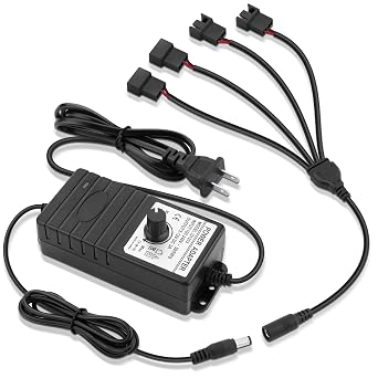 Wathai 36W 12V PC Fan Speed Controller Adjustable Power Supply 4 Port Speed Controller with 3Pin 4Pin Fan Splitter, 110V-240V AC to 4-12V DC 3A Adapter Supports 3/4 Pin Fans