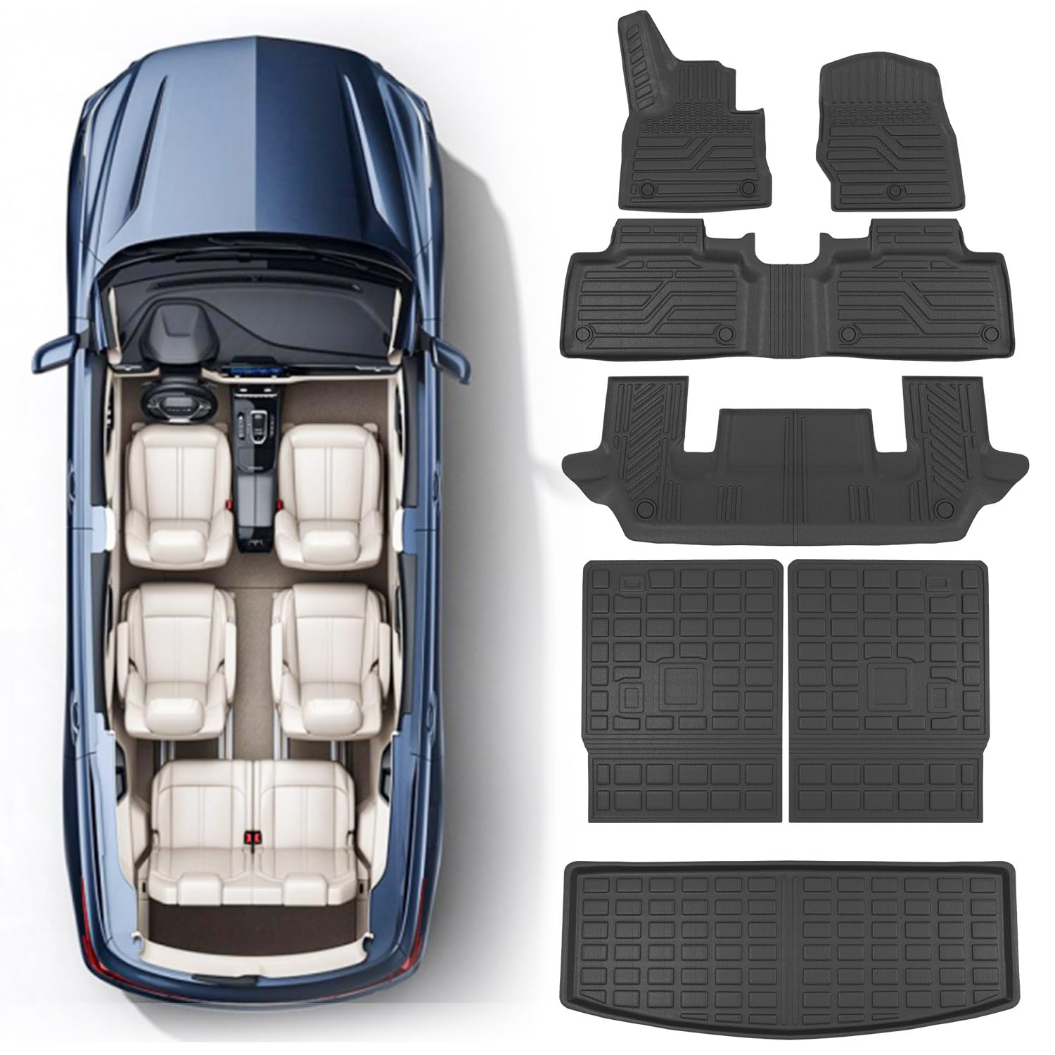 powoq 6-Seat Floor Mat Compatible with 2020-2024 Ford Explorer Trunk Mat TPE Backrest Mat Replacement for 2020 2021 2022 2023 2024 Ford Explorer Accessories(Rear Trunk Mat+ Backrest Mat+Floor mat)