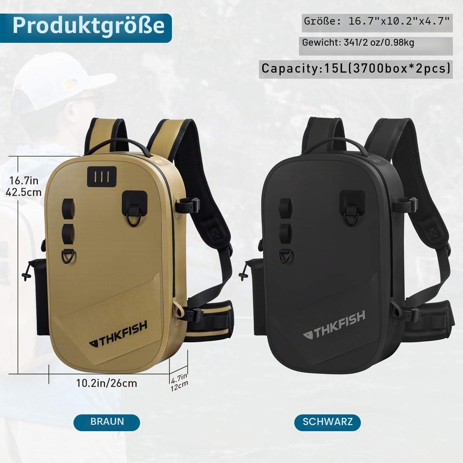 THKFISH Wasserdichter Angelrucksack, Forellen- und Fliegenfischen, Angeltasche, IPX8 wasserdichte Aufbewahrungstasche mit verstellbarem Gurt für Fliegenfisch, Kajak, Bootfahren