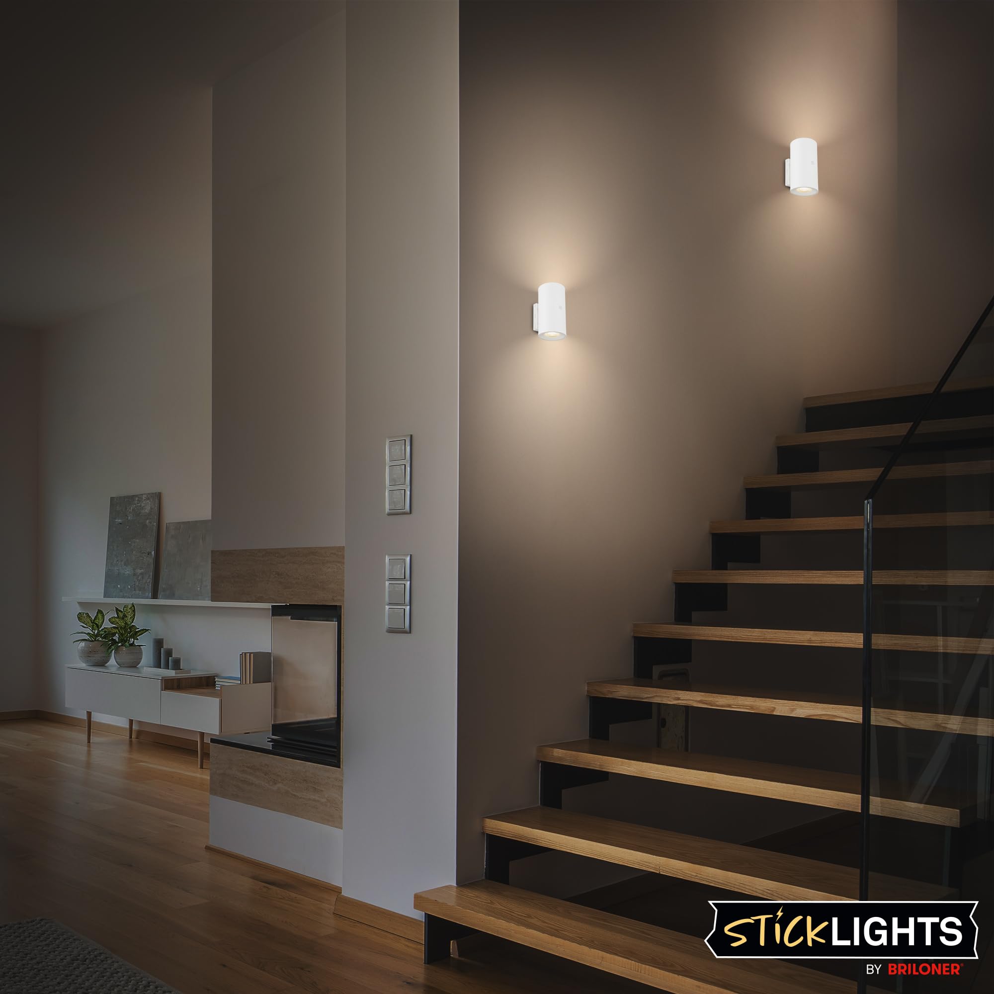 BRILONER Sticklights lampa ścienna bez prądu i wiercenia z baterią, dotykowa, możliwość ściemniania, ciepła biel, bezprzewodowa, do ponownego ładowania, na ścianę, 6,1 x 12 cm, biała