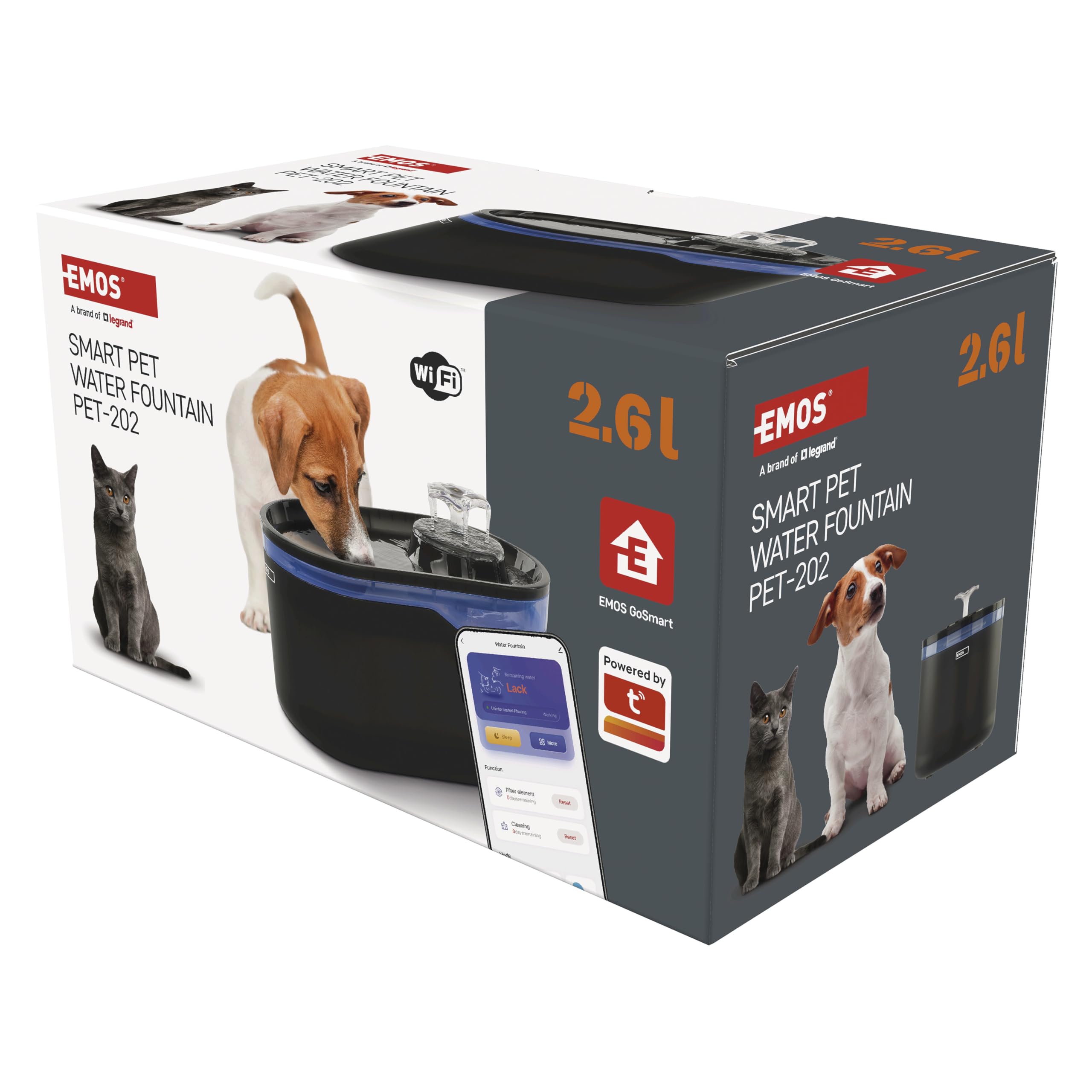 EMOS GoSmart Fuente para Gatos de 2,6 l con Sistema de filtración - Fuente de Agua Potable para Mascotas - Dispensador de Agua Dulce - Gris