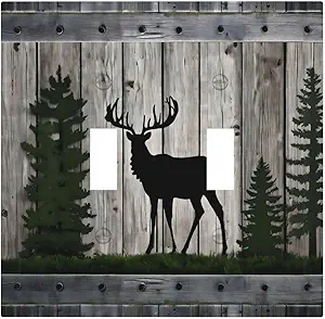 Decorative Light Switch Cover Plate Rustic Deer Elk Forest Grey Wood Board 2 Gang Wall Plate Oversized Double Toggle Two Switch Wall Cover Plate Dual Device Faceplate