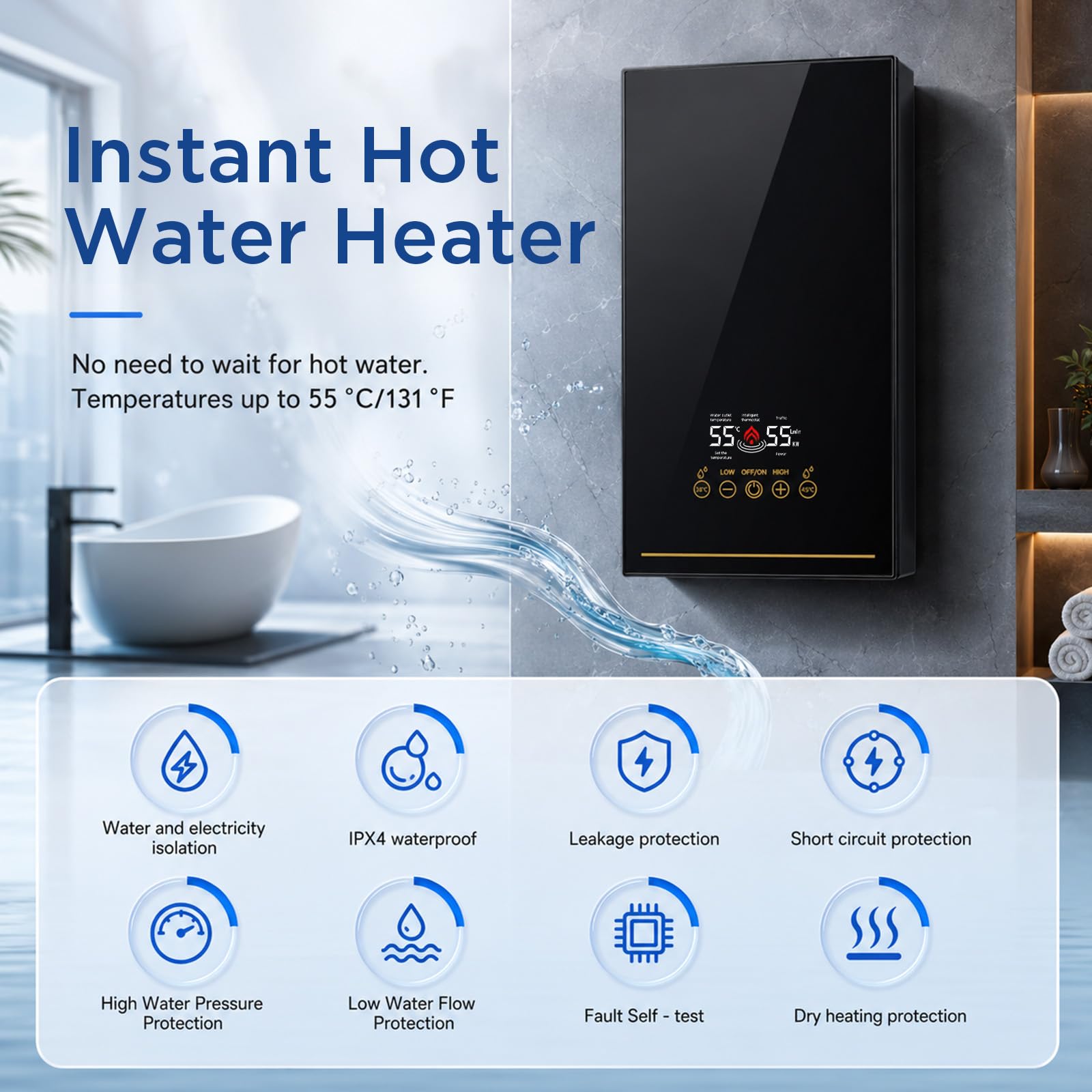 Mini Durchlauferhitzer 5500W 220V, Elektrischer Warmwasserbereiter mit LED-Display, elektronisch geregelt, Max. 55℃, Instant Elektrische Durchlauferhitzer Klein für Dusche, Bad, Küche, Garten