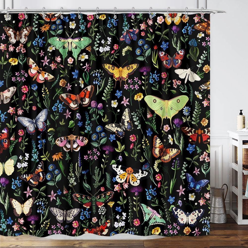 GOAOK Vintage Mushroom Boho Shower Curtain, Magic Fairy Witchy Woodland Nature Plant Shower Curtain Set, Hippie Botanical Floral Aesthetics Fabric Waterproof Shower Curtain 72"x84" Black