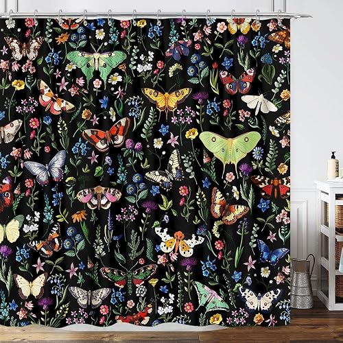 Boho-Duschvorhang mit Schmetterlings-Motiv, helle abstrakte böhmische Pflanze, B