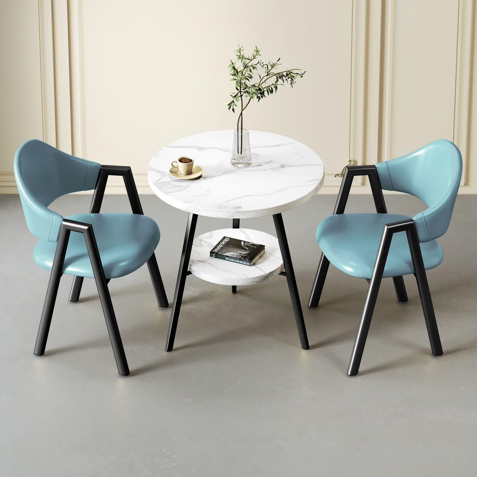 Small Round Reception Table with 2 Chairs, 2-Tier Faux Marble Dining Table and Chairs Set for Office, Lounge, Living Room, Kitchen (Blue Leather, 54x40x78cm)