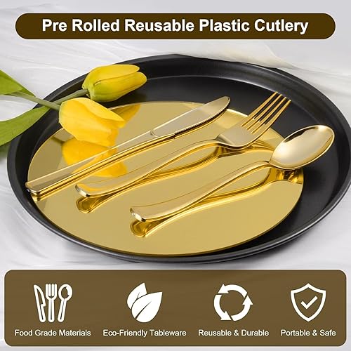 Miniatura 4 de Juego de cubiertos de plástico dorado preenrollado, paquete de 300 cubiertos de plástico envueltos con servilletas, tenedores, cuchillos y cucharas,