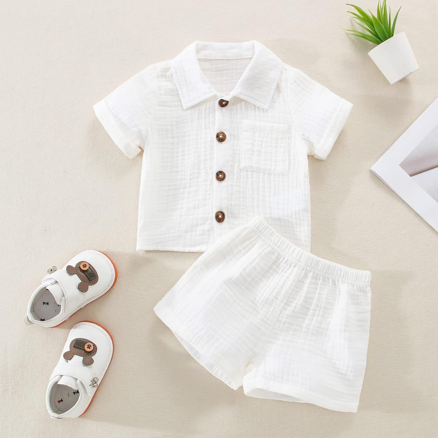 SHIBAOZI Toddler Baby Boys Clothes Set Button-Down Shirt Tops + Cotton Linen Shorts Summer Outfit 2PCS with Pockets - Image 2