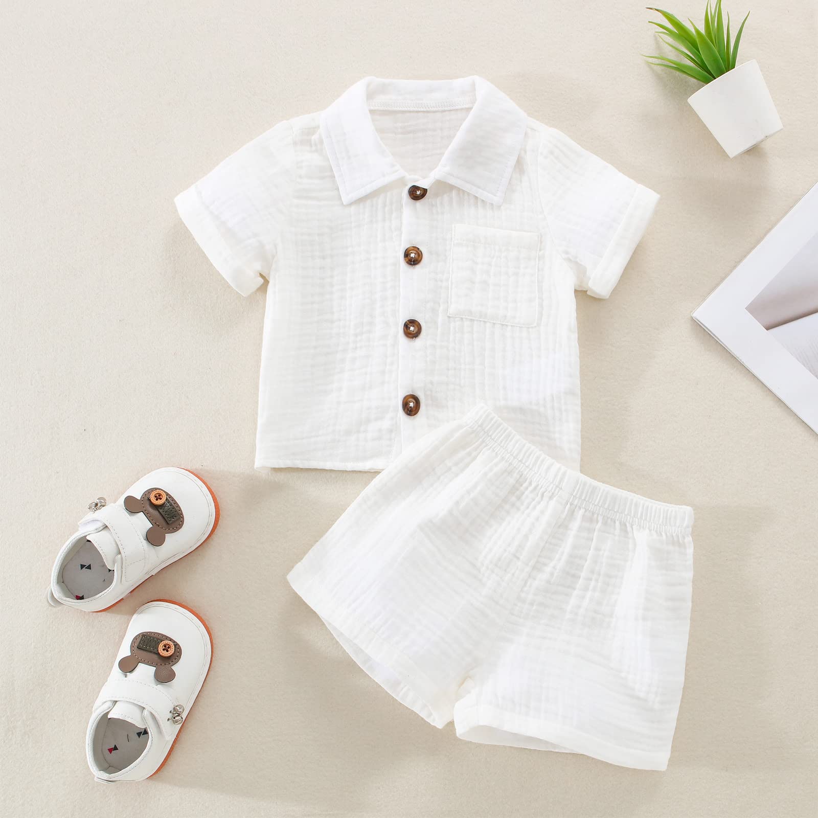 SHIBAOZI Toddler Baby Boys Clothes Set Button-down Shirt Tops + Cotton Linen Shorts Summer Outfit 2PCS with Pockets (Pure White, 2-3T)