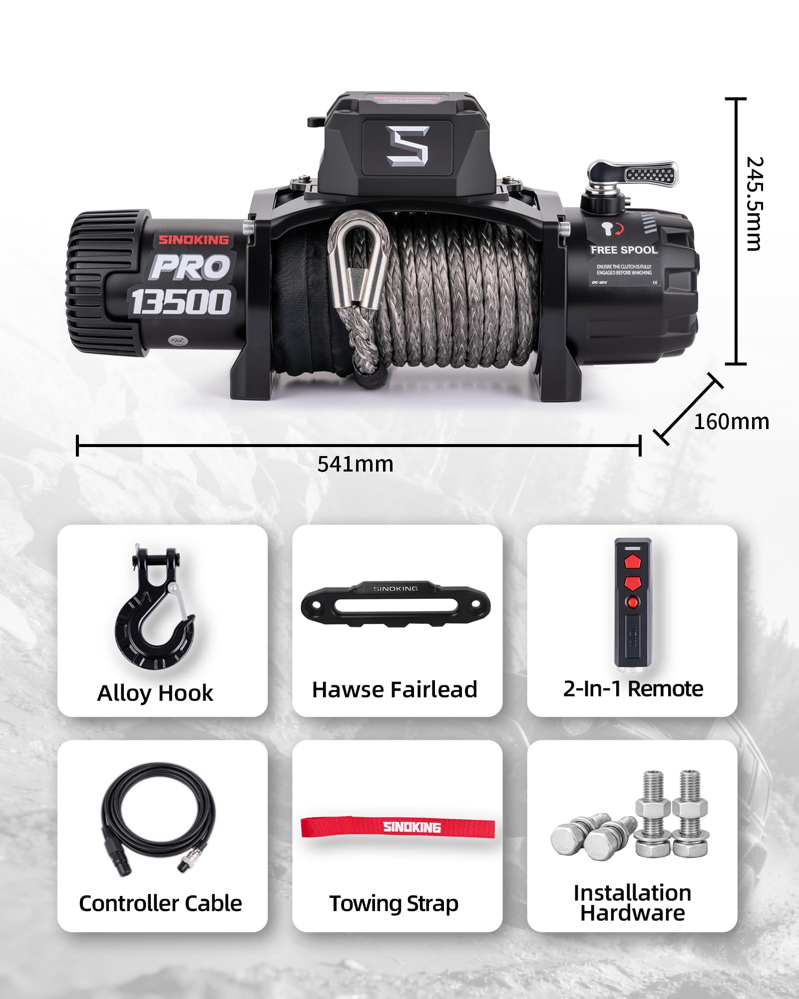 SINOKING Wciągarka elektryczna serii PRO 6,123.5 kg, wciągarka holownicza 12 V, lina syntetyczna, pilot przewodowy/bezprzewodowy 2 w 1, wodoodporny IP67, silnik 7 KM do jeepa, SUV-a, ciężarówki i