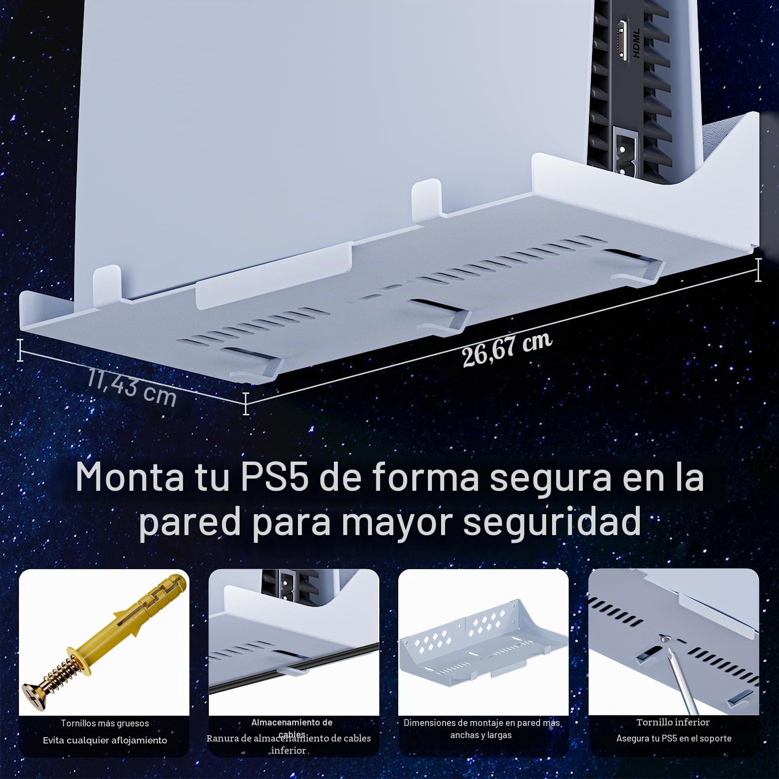 Hosanwell Soporte de Pared para PS5/PS5 Slim/PS5 Pro con Estación de Carga, Compatible con PS5 Disc & Digital Versión, Estación de Carga con Multimodo RGB Luz, Blanco