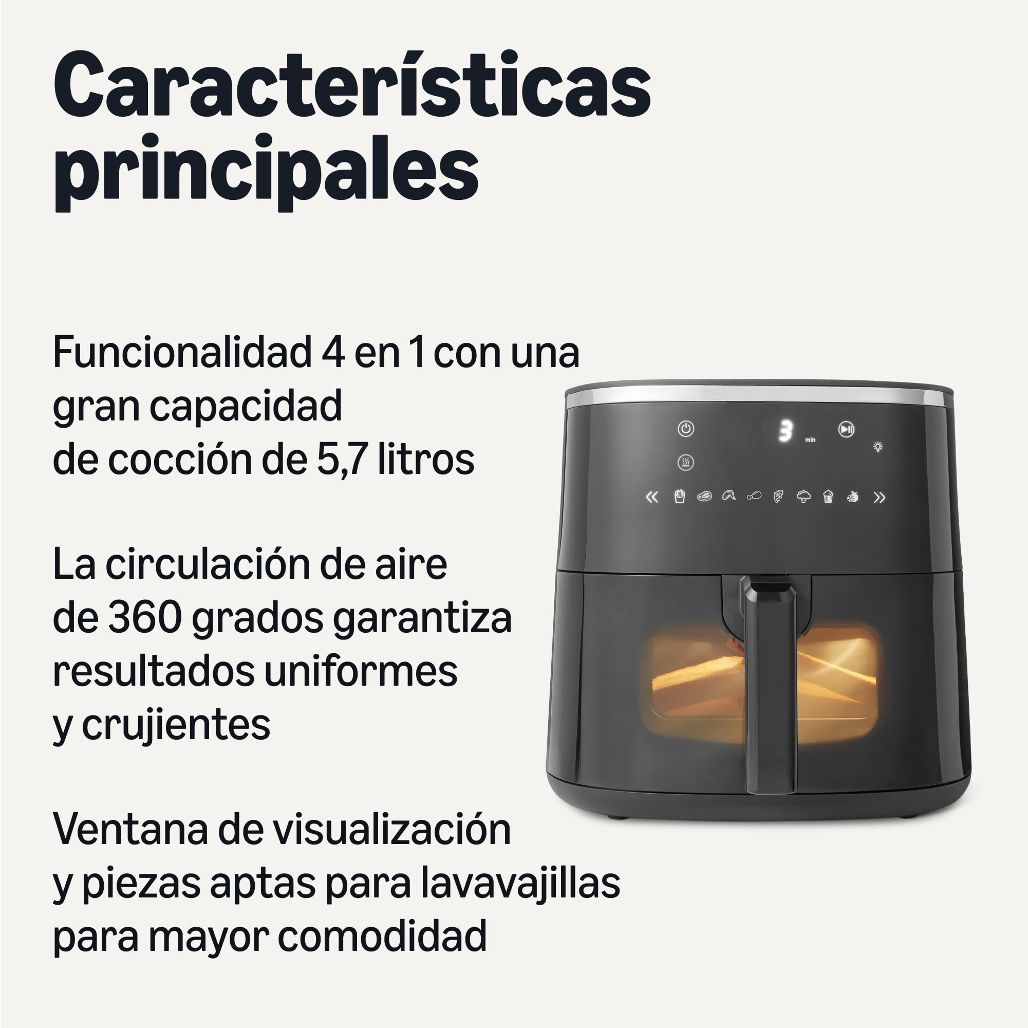 Amazon Basics Freidora de Aire, 5,7L con Ventana de Fácil Visualización, 8 Menús Preestablecidos, 1750W, Color Negro
