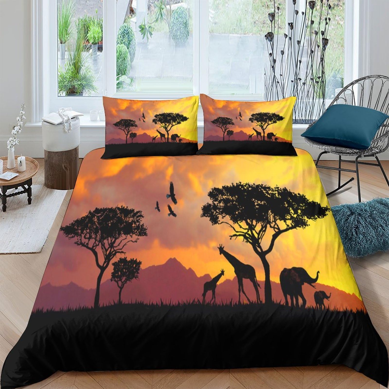 Ctjqhvkz Style-10 3D Printed African Sunset Fitted Sheet Microfiber Soft Breathable Safari Animals Mattress Cover For Bedroom Decor Single（135X200cm）