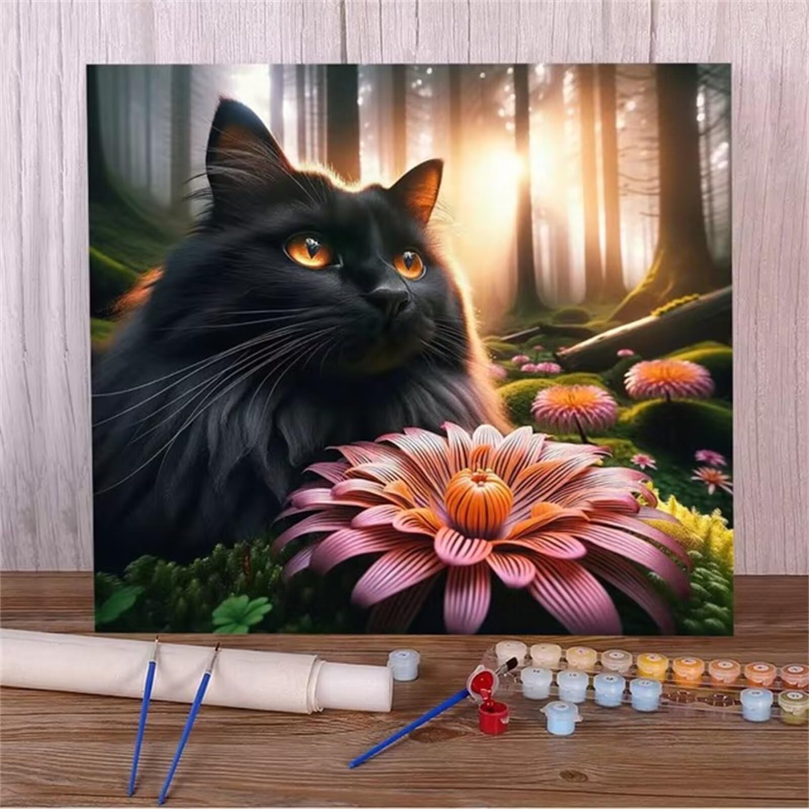 Peinture Numero Adulte Chat des bois Sans Cadre Peinture au Numéro Kits DIY Paint by Number avec 3 Pinceaux et Acryliques pour Décoration et Cadeaux - 80x80cm