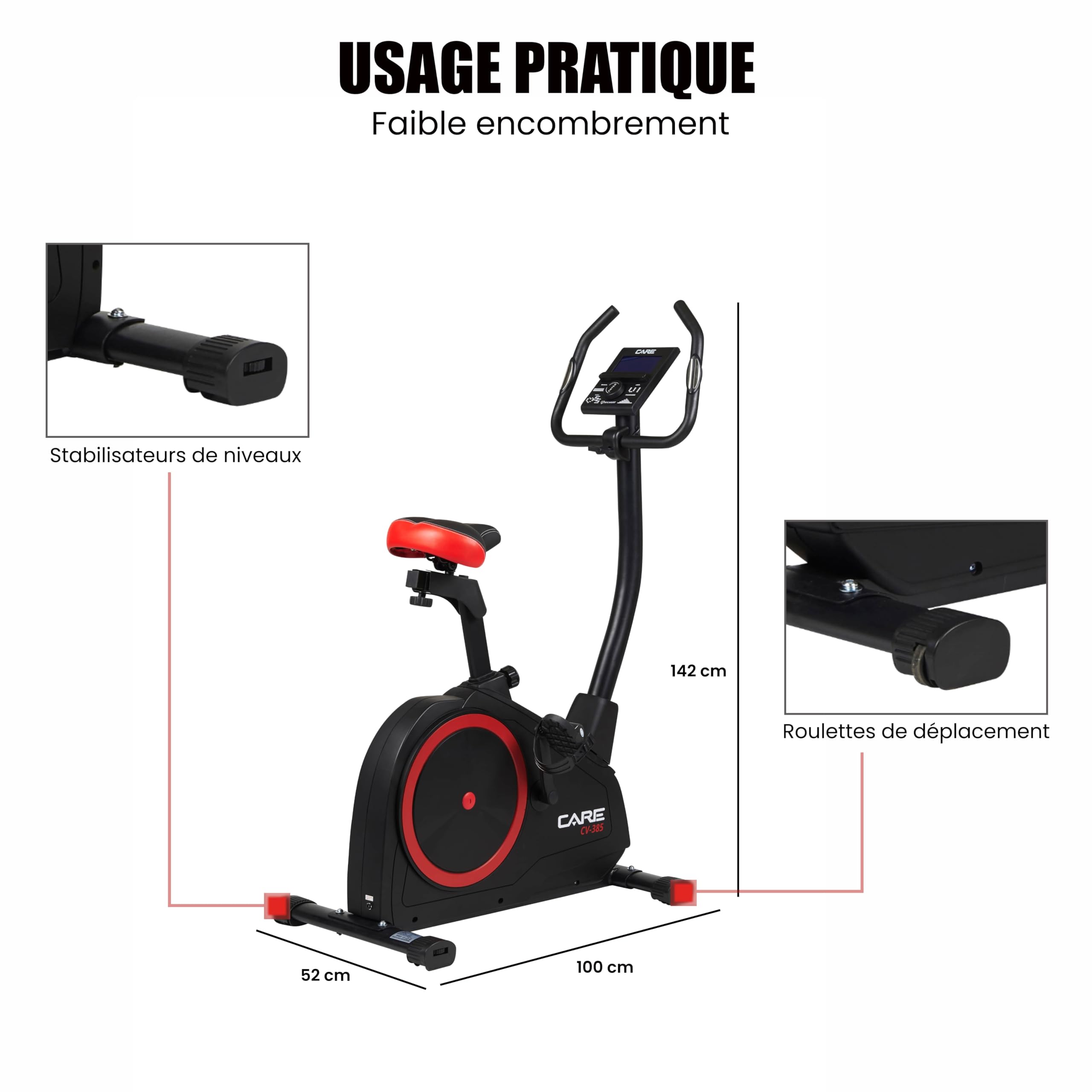 CARE FITNESS - Vélo d’Appartement CV-385-24 Niveaux de Difficulté - 24 Programmes - Compteur LCD Rétro-éclairé - Cardiofréquencemètres - Compatible avec l'application Kinomap - Port USB Noir