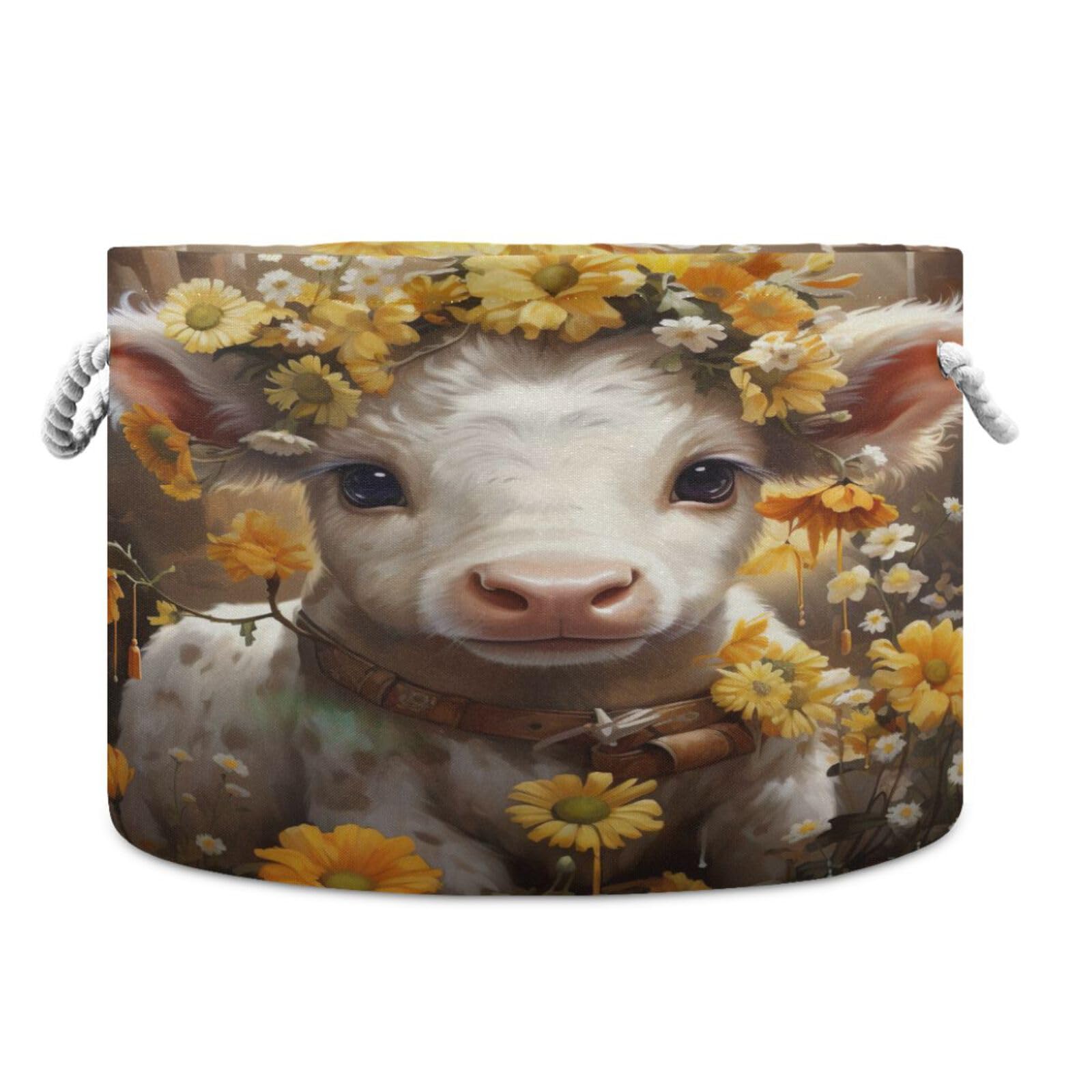 Round Cute White Cow Daisy Flower Storage Basket Large Organizer Bin Laundry Hamper Toy Storage Basket with Handle for Nursery Clothes Toys 202b4316