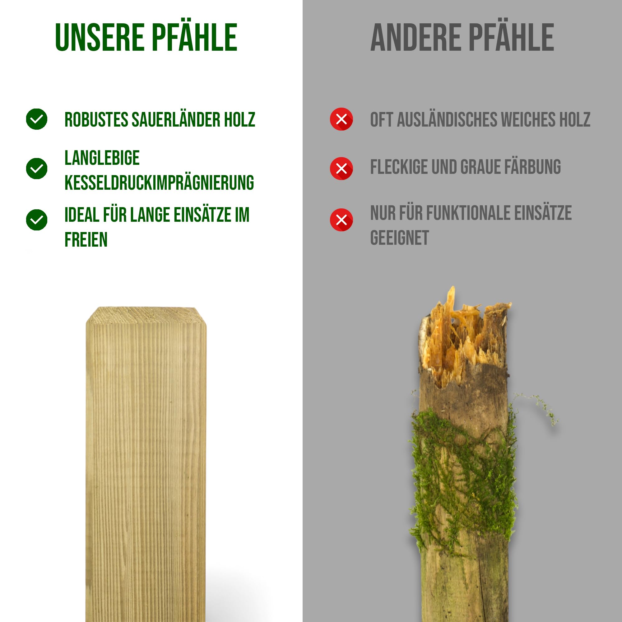 Juego de 4 postes cuadrados para valla KDI, verde opaco, 9 x 9 cm, longitudes 100 – 150 cm, madera de coníferas impregnada, resistente a la intemperie, duraderos, postes para vallas, proyectos de