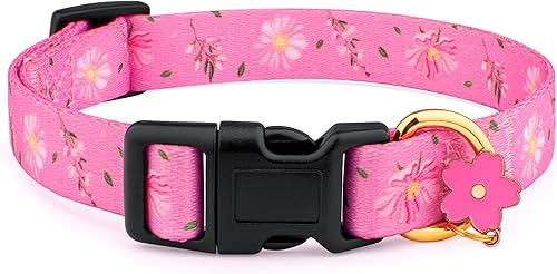 Collar de perro de algodón hecho a mano para perros pequeños, medianos y grandes, flores rosadas con colgante, lindos collares de perro (S)