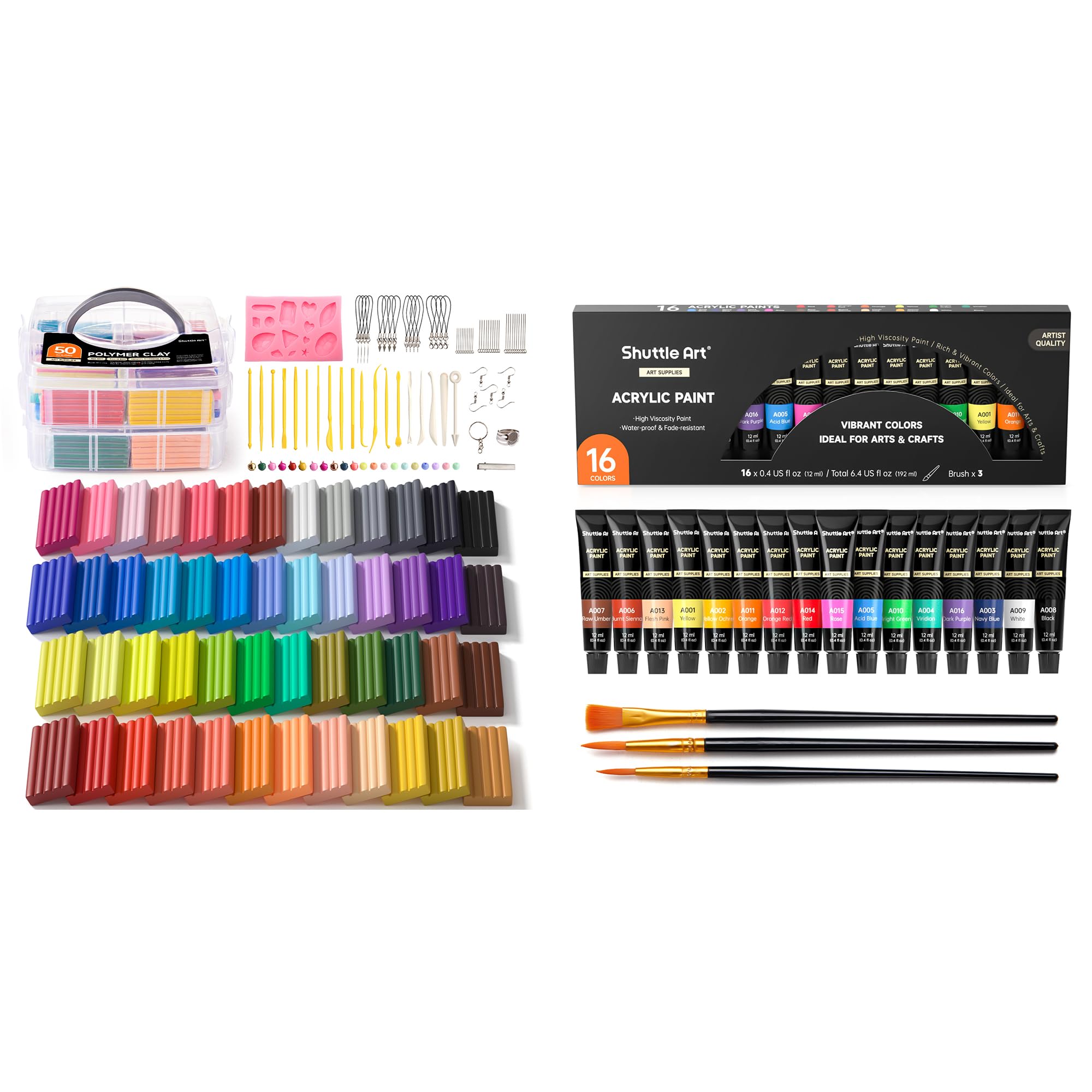Shuttle Art 50 Farben Polymer Clay Set + 16 x12ml (0.4 oz) Tuben Acrylfarben Set, Modelliermasse ofenhärtend mit ungiftigen Acrylfarben zum Malen, Basteln, DIY