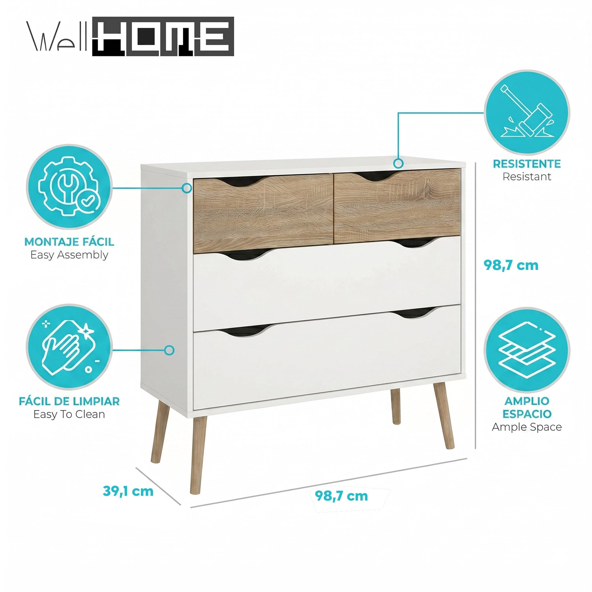 Cómoda, Cajonera para Dormitorio Tajo con 4 Cajones Color Blanco y Roble Patinado 99 x 39 x 82 cm