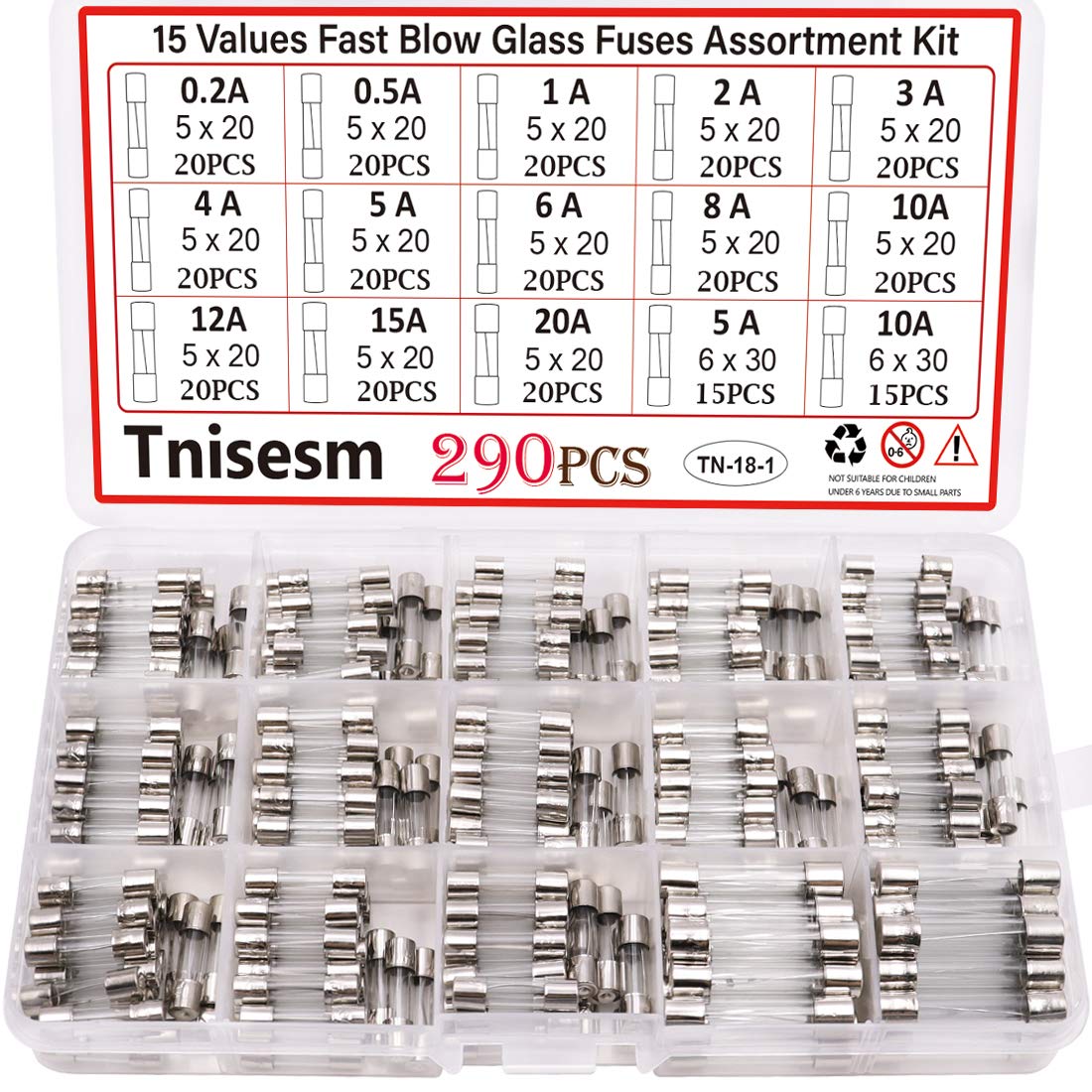 Tnisesm 241-Piece Fast Blow Glass Fuse Assortment Kit – 0.2A–20A, 5x20mm & 6x30mm, 15 Values, 250V, Clear Plastic Storage Box