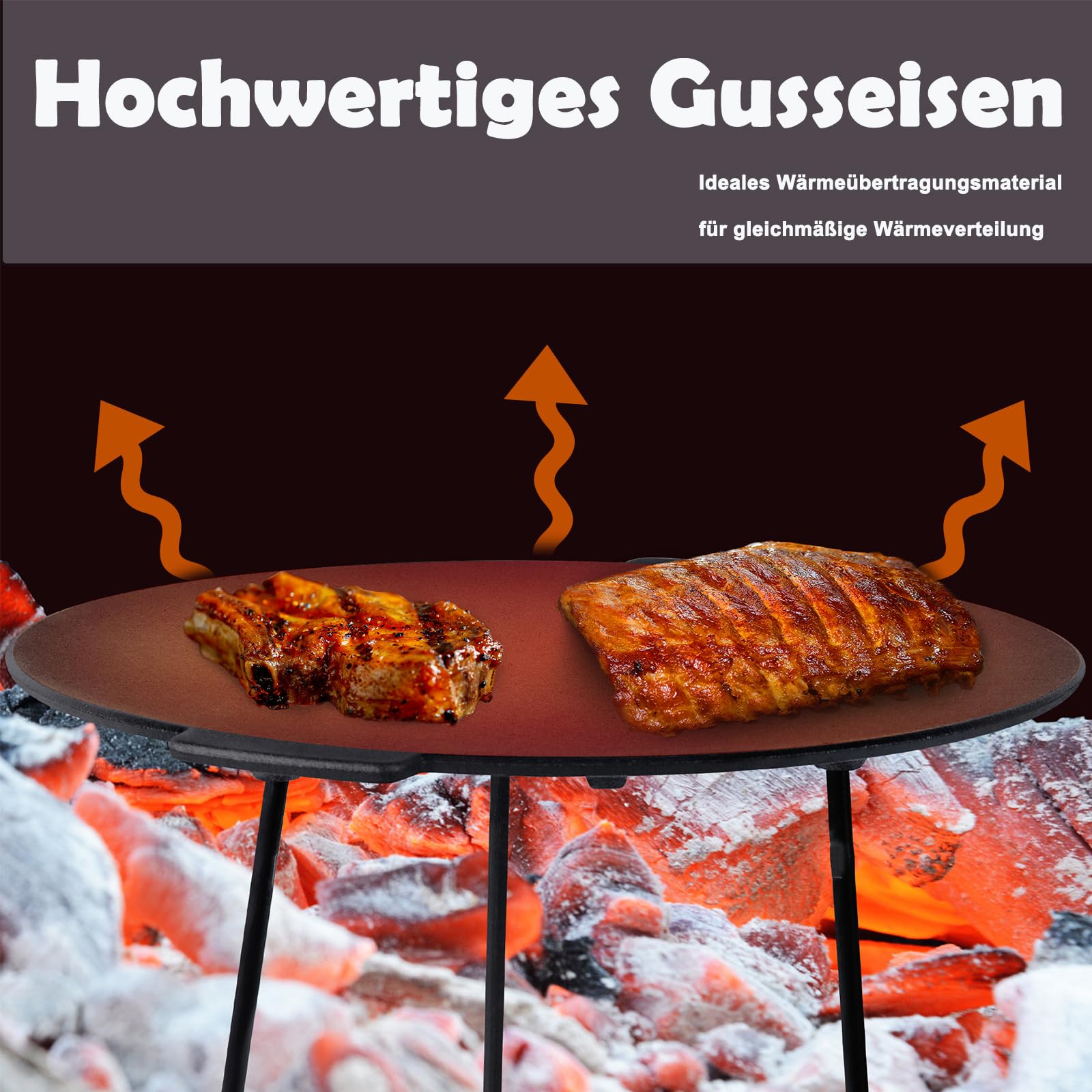 Aufun parrilla de hierro fundido con 3 patas parrilla parrilla accesorios redondo, soporte para horno holandés, Ø 45 cm parrilla para acampar, jardín, viajes