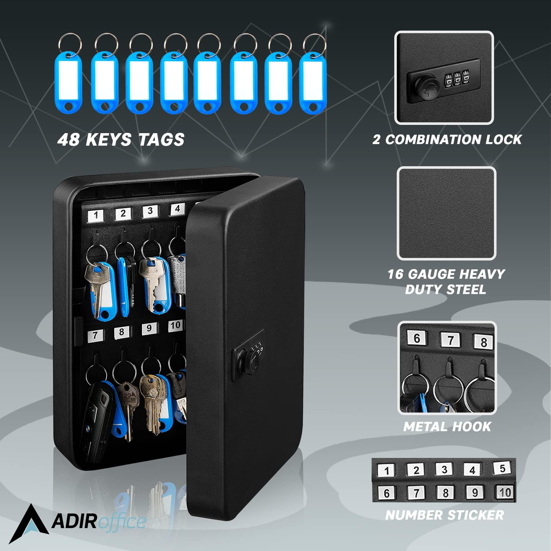 AdirOffice Key Steel Security Cabinet Box (48 Key, Combination Lock)