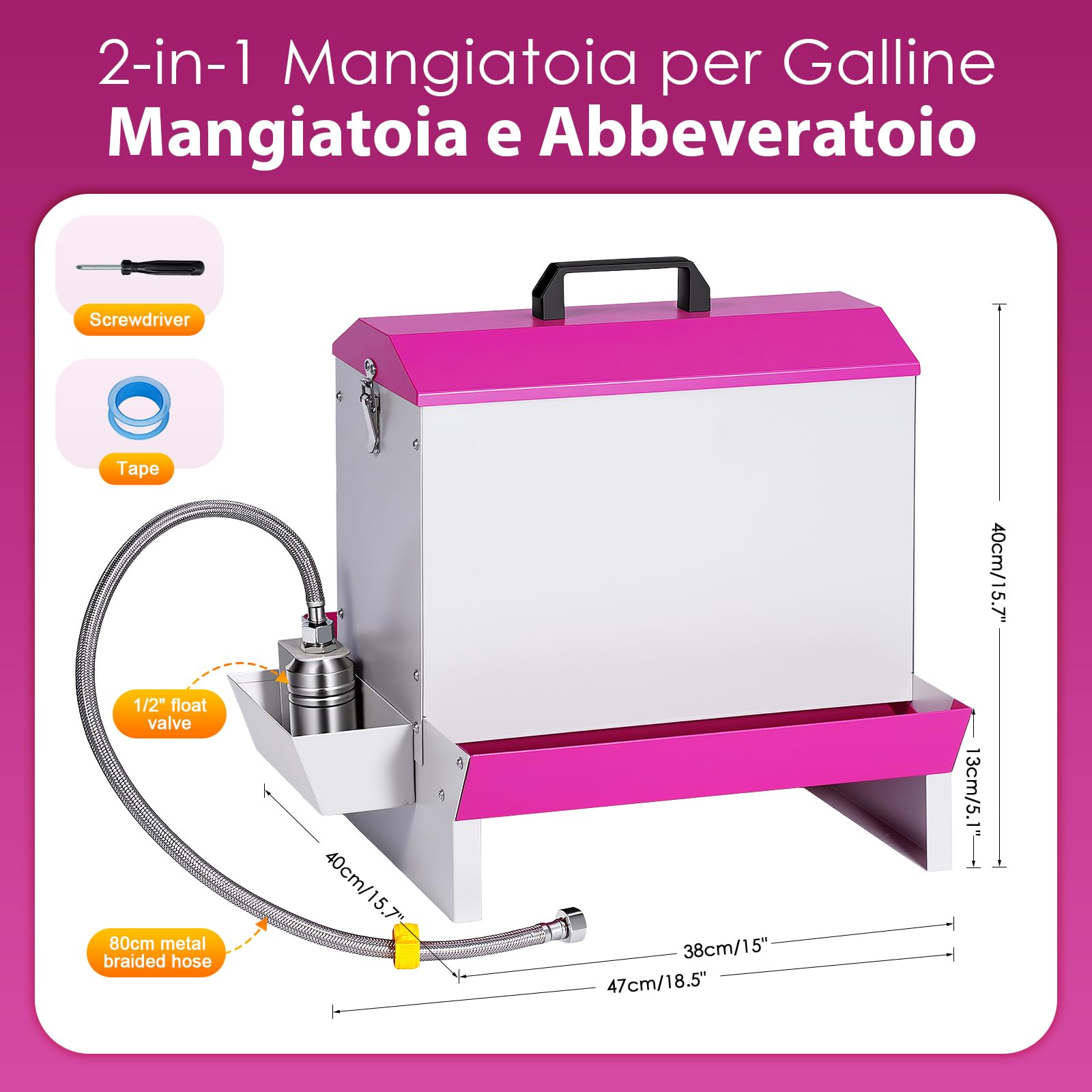 Mangiatoia e abbeveratoio automatico 2 in 1 per polli, 5 kg, in metallo