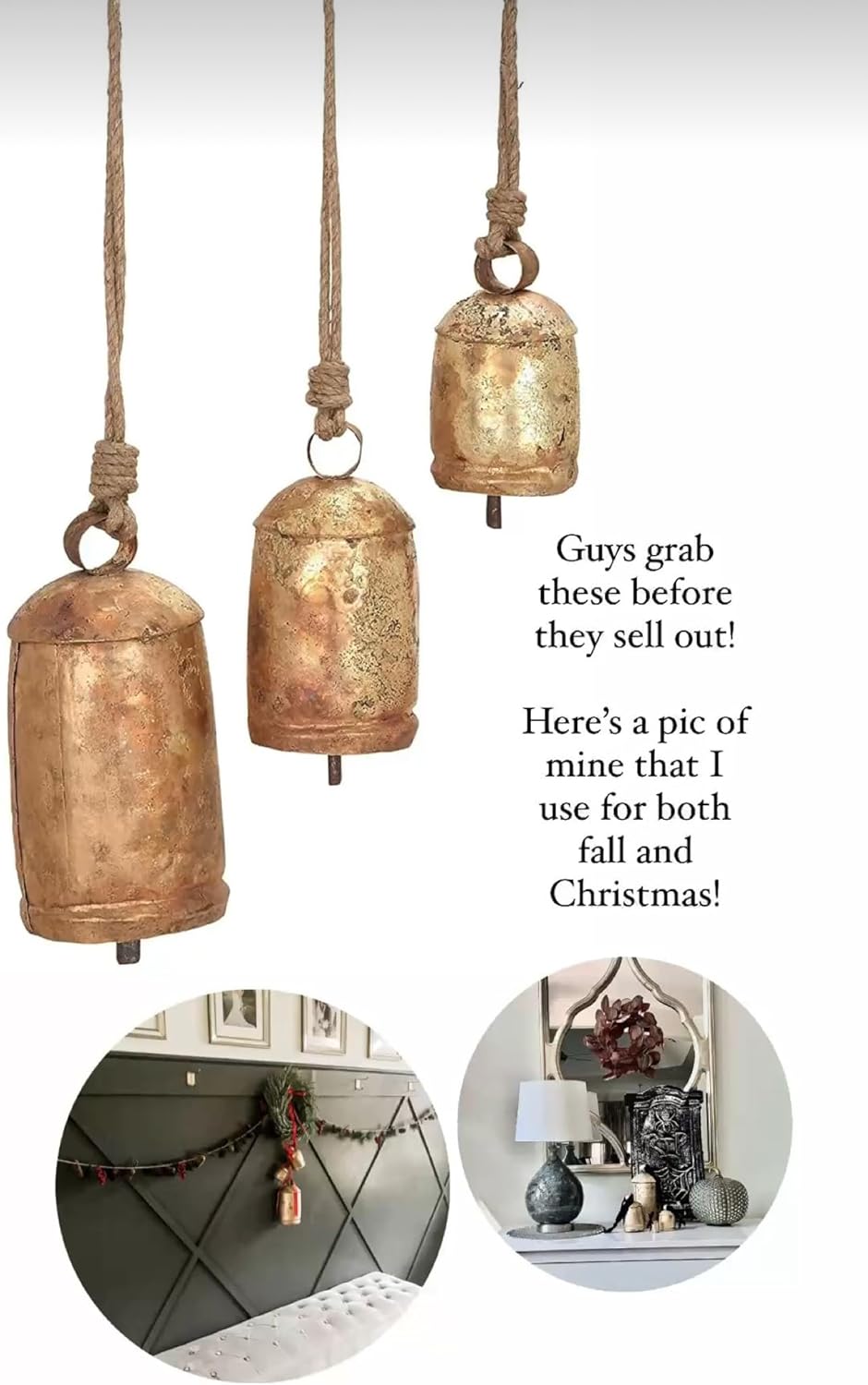 Cow Chimes Bells Brass Finish Handmade Bells Garden and Living Room Decorative Each Bell has Been Individually Handmade, hence Small Variations are Possible (Brass, 6,8,10)
