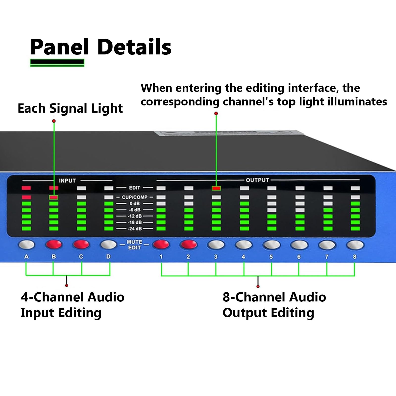 Procesador de audio, mezclador digital profesional, ecualizador de 31 bandas, crossover de 4 entradas/8 salidas con pantalla LCD e indicador de nivel para estudio de grabación
