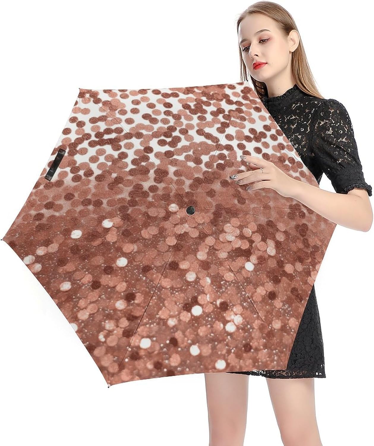 Rose Gold Glitter Printed Exterior 5 Fold Umbrella,Windproof Travel Umbrella for Sun Protection, Small Portable,Compact Umbrellas for Travel, Purse Or Backpack