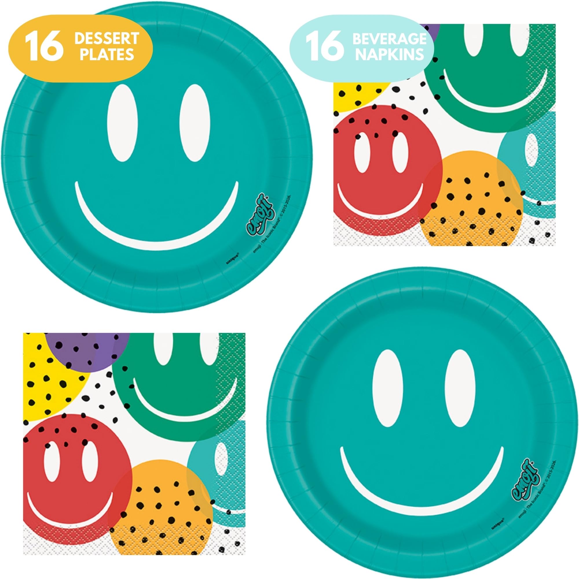 Emoji Party Surtido de platos de postre y servilletas de bebidas de papel de cara sonriente (sirve 16)