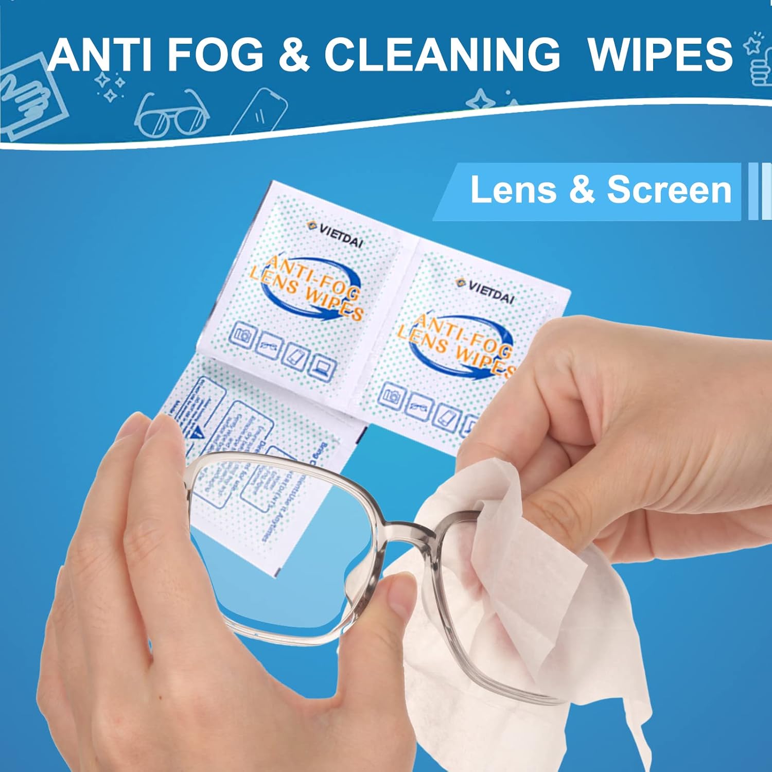 VIETDAI Anti Fog Wipes for Glasses Lens Cleaning 30Pcs Individually