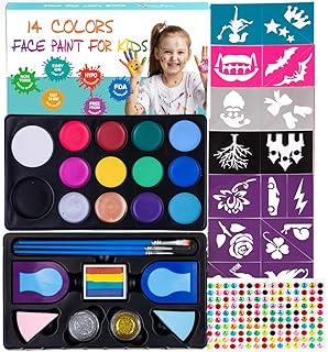 Maydear Face Paint Kit for Kids,14 Large Paints,52- Stencils,160 Gems,2 Hair Chalk,2 Glitter Non-Toxic,Professional Face Paint Palette,Halloween Makeup Kit