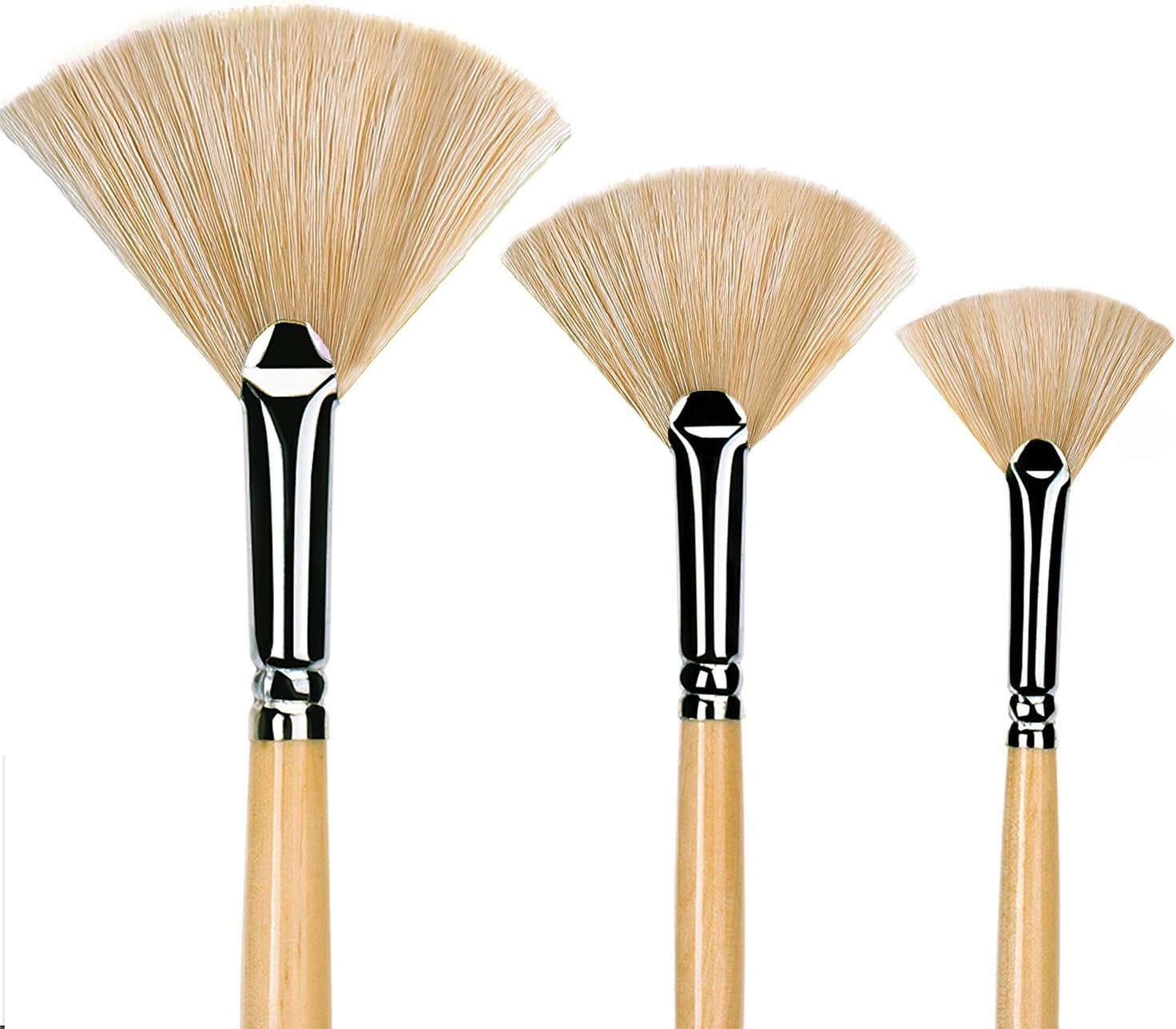 Artist Fan Paint Brush Set, Golden Maple 3PC Medium Stiff Animal Bristle Natural Hair Anti-Shedding Brush Tips, Long Wooden Handle for Comfortable Holding, Great for Acrylic Oil Painting
