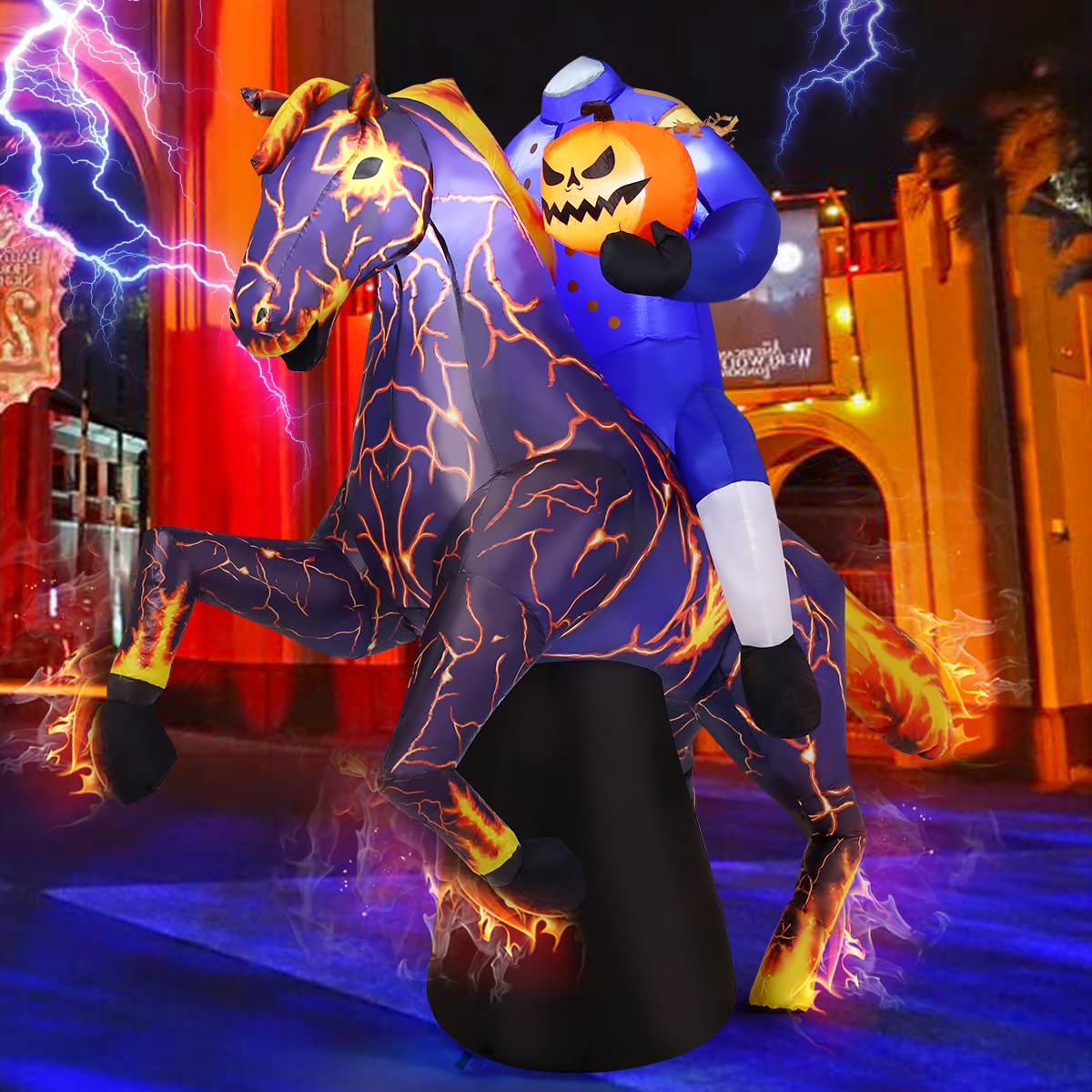 COMIN 6FT Long Halloween Inflatables Flame Horse Knight Outdoor Decorations Blow Up Yard with Built-in LEDs for Indoor Party Garden Lawn Decor