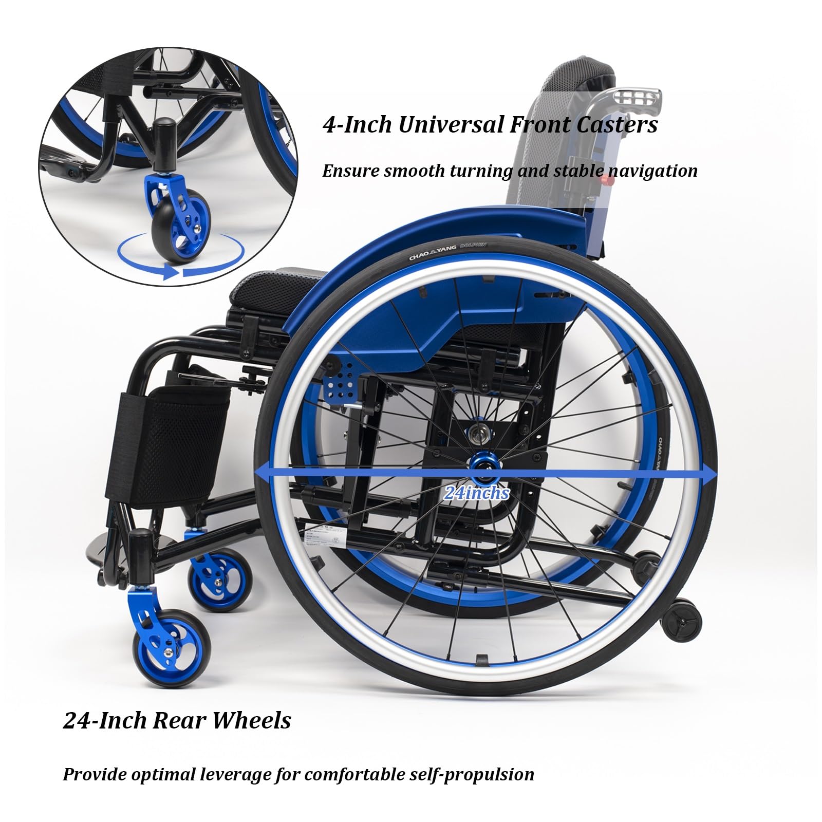 Carrozzina pieghevole in alluminio, Leggera, Autospinta, Sedia a rotelle da transito, Freno manuale, Poggiapiedi pieghevole(Black,16.5in Seat Width)