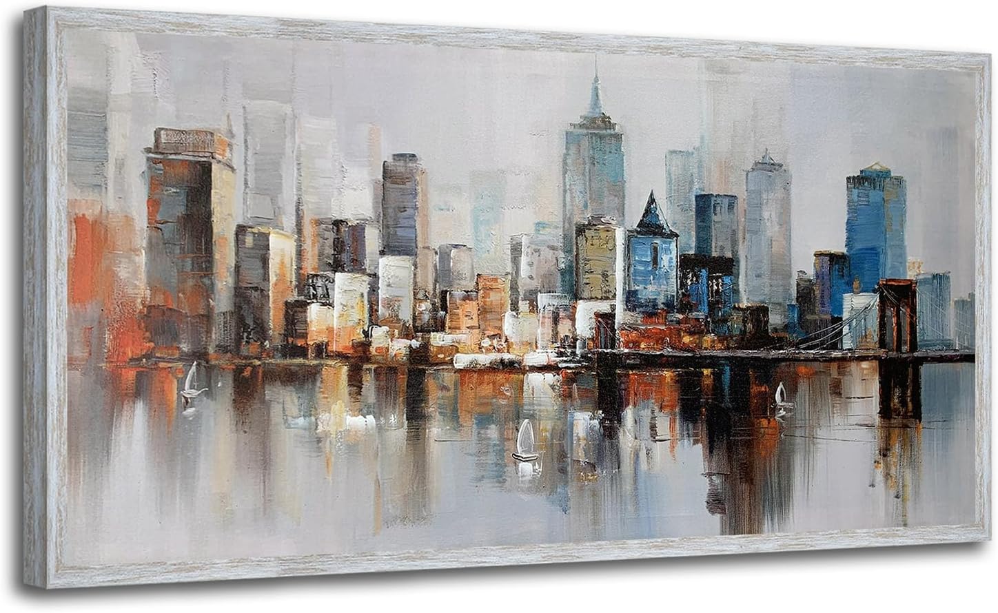 Arjun Brooklyn Bridge Wall Art Modern New York Abstract Canvas Cityscape Painting Colorful NYC Skyline Textured Picture for Living Room Bedroom Home Office Wall Decor, Large Wood Grain Framed 48"x24"