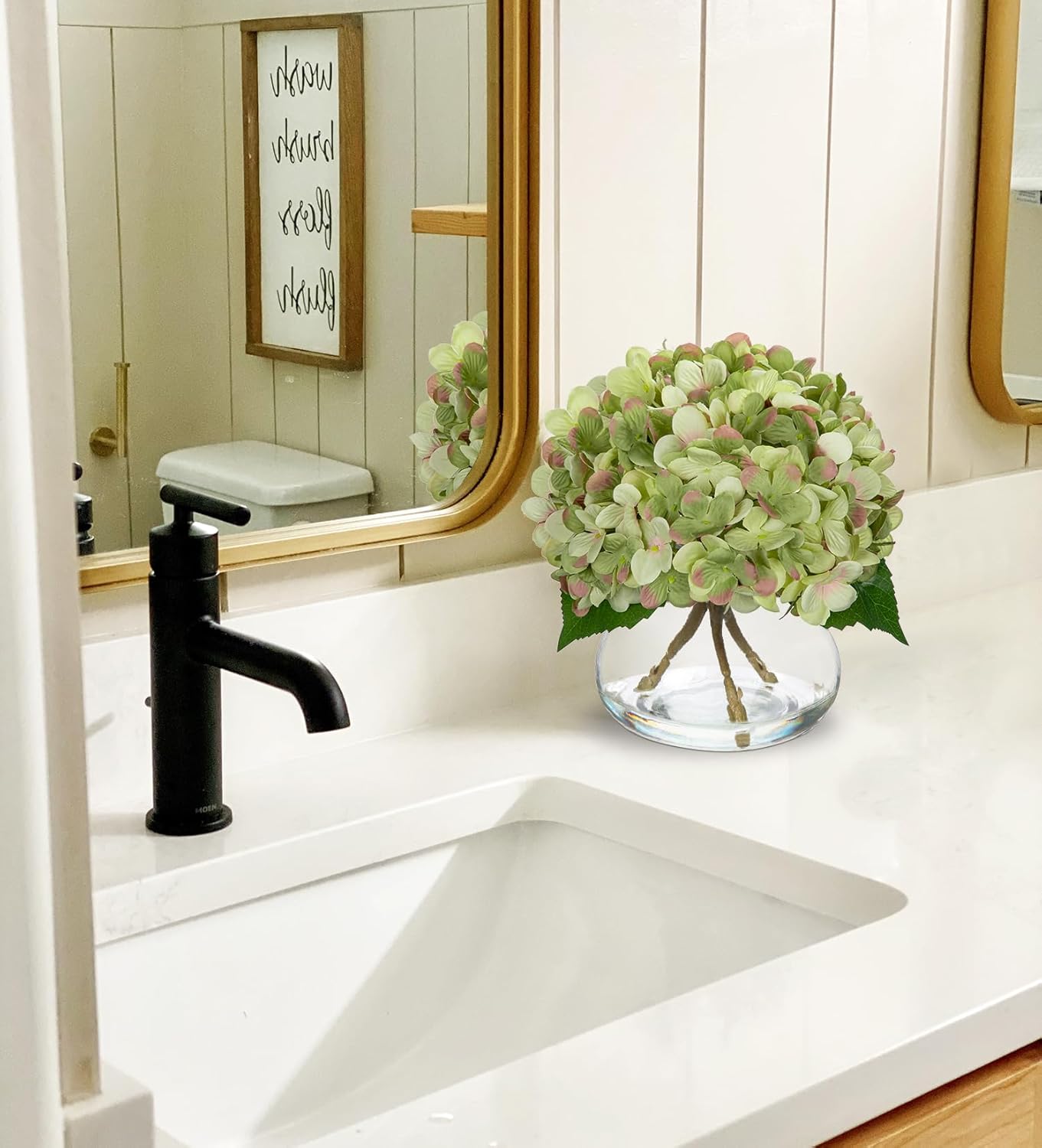 Hollyone Hydrangea Artificial Flowers with Glass Vase Dark Green Silk Faux Flowers Arrangements in Vase with Faux Water Fake Floral Bulk Bouquet for Home Decor Table Centerpiece Decorations - Image 3