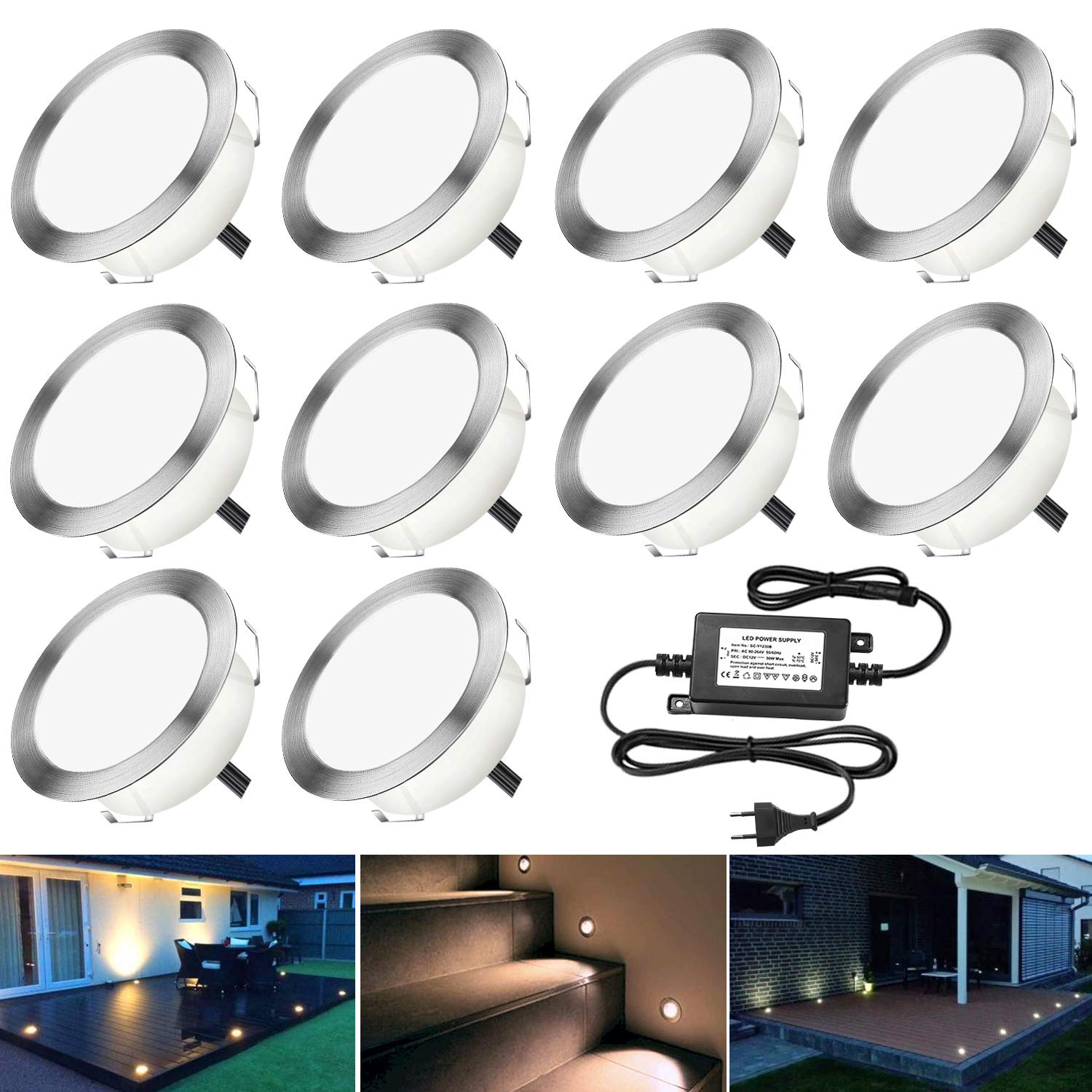 10 LED-Einbauleuchten für Terrasse, 1,5 W, wasserdicht, IP67, LED-Spot, Außenlampe, für Garten, Treppe, Pool, Warmweiß