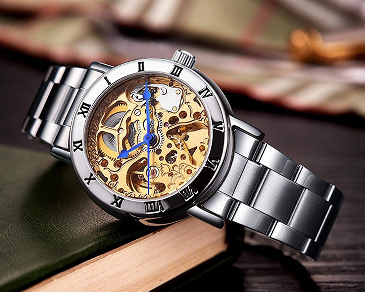 MASTOP Women's Watches Automatic Steampunk Self Winding Mechanical Silver Bracelet Ladies Skeleton Wrist Watch