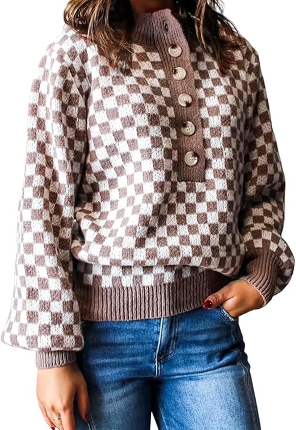 SELINK Womens Casual Checkerboard Pullover Sweater Half Button Ribbed Trim Knit Long Sleeve Stand Neck Daily Sweater
