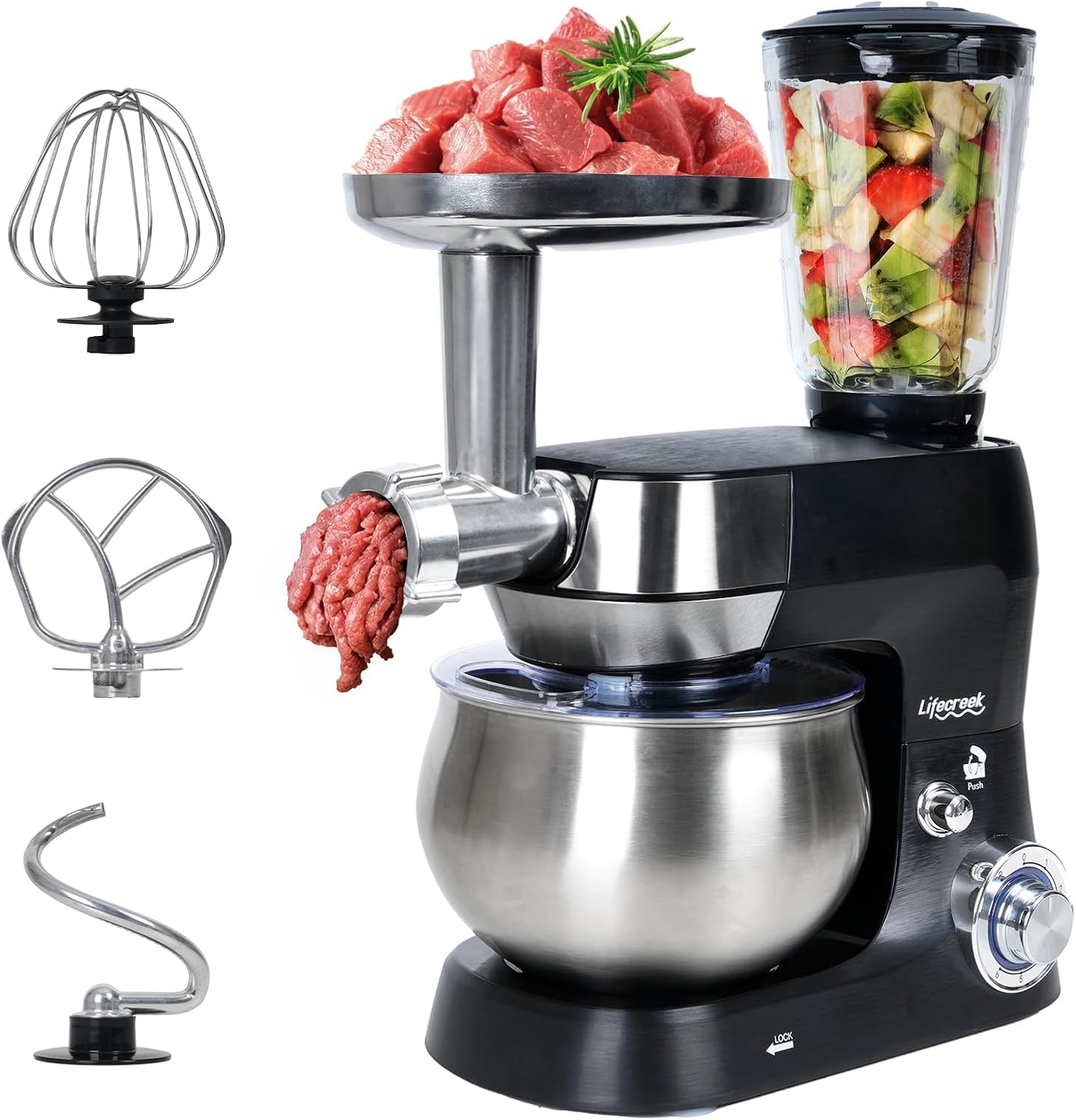 Lifecreek 3-in-1 Stand Mixer 5.3Qt 660W: Tilt-Head Electric Mixer with Meat Grinder, Juicer & Stainless Bowl (ST27M01)