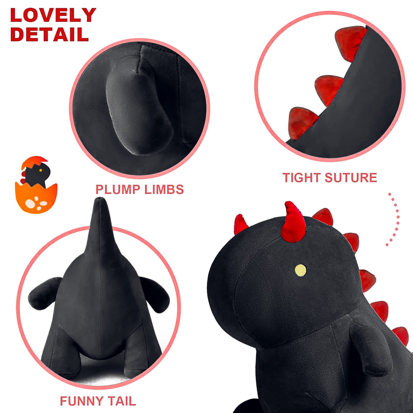 shownicer Peluche Dinosauro, Kawaii Dino Giocattolo Morbido, Animali di Peluche, Bambola di Peluche Cuscino, Regalo per Bambini Ragazza 3+ Anni (Nero, 35cm)